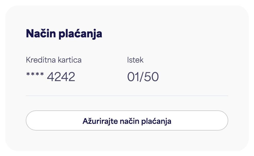 Kartica načina plaćanja koja prikazuje spremljenu karticu i „Ažuriraj način plaćanja”