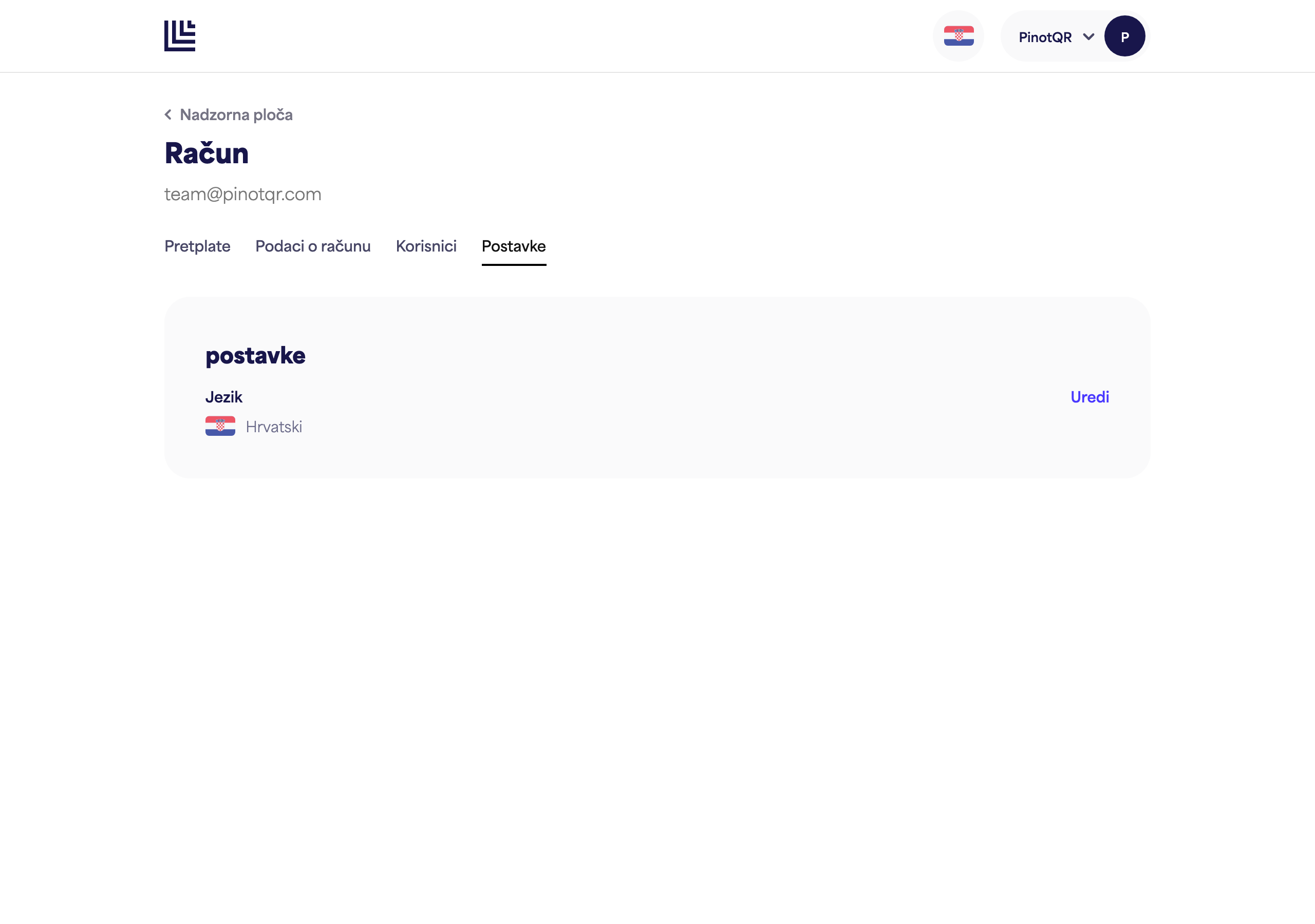 Stranica Postavki s opcijom Jezik