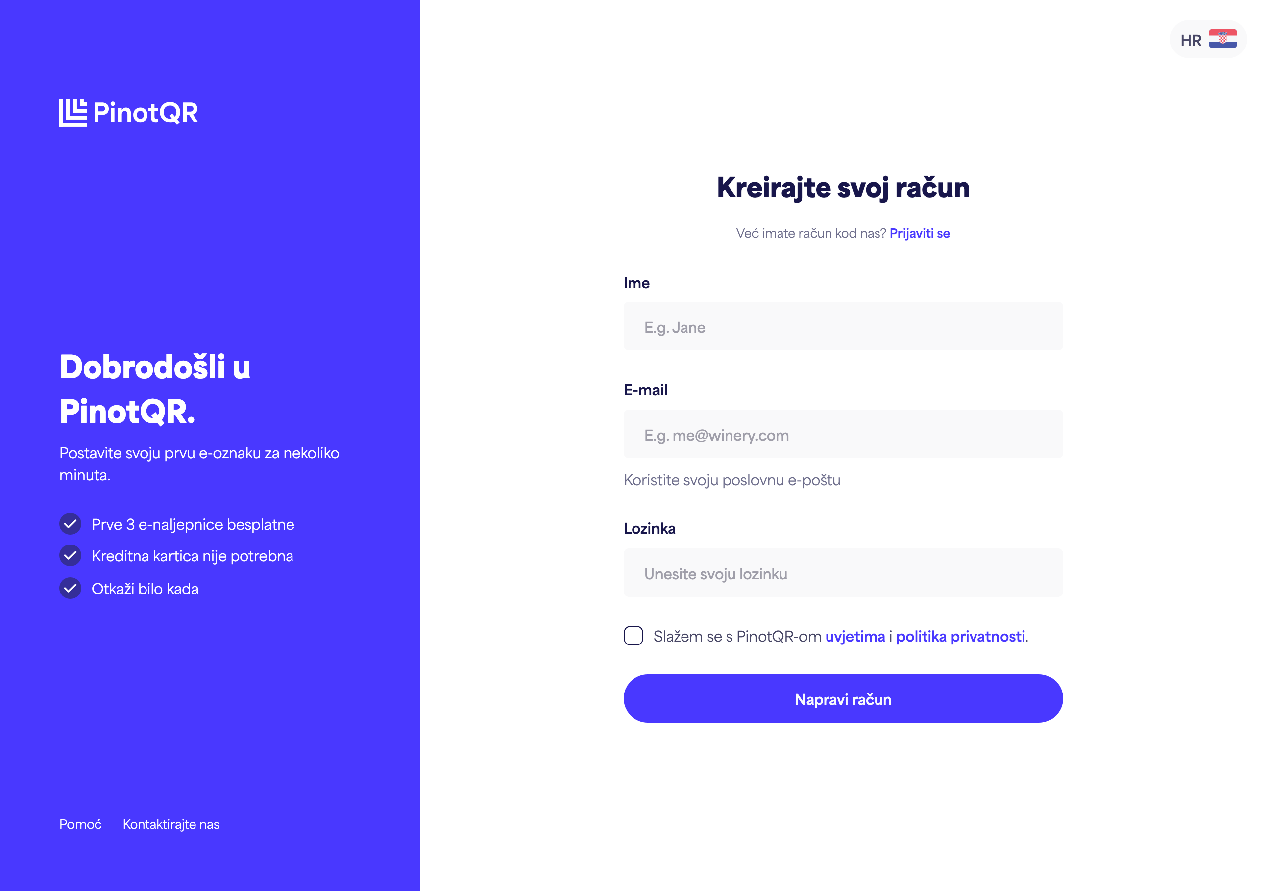 Obrazac za registraciju s poljima Ime, E-mail, Lozinka i gumbom "Kreiraj račun"