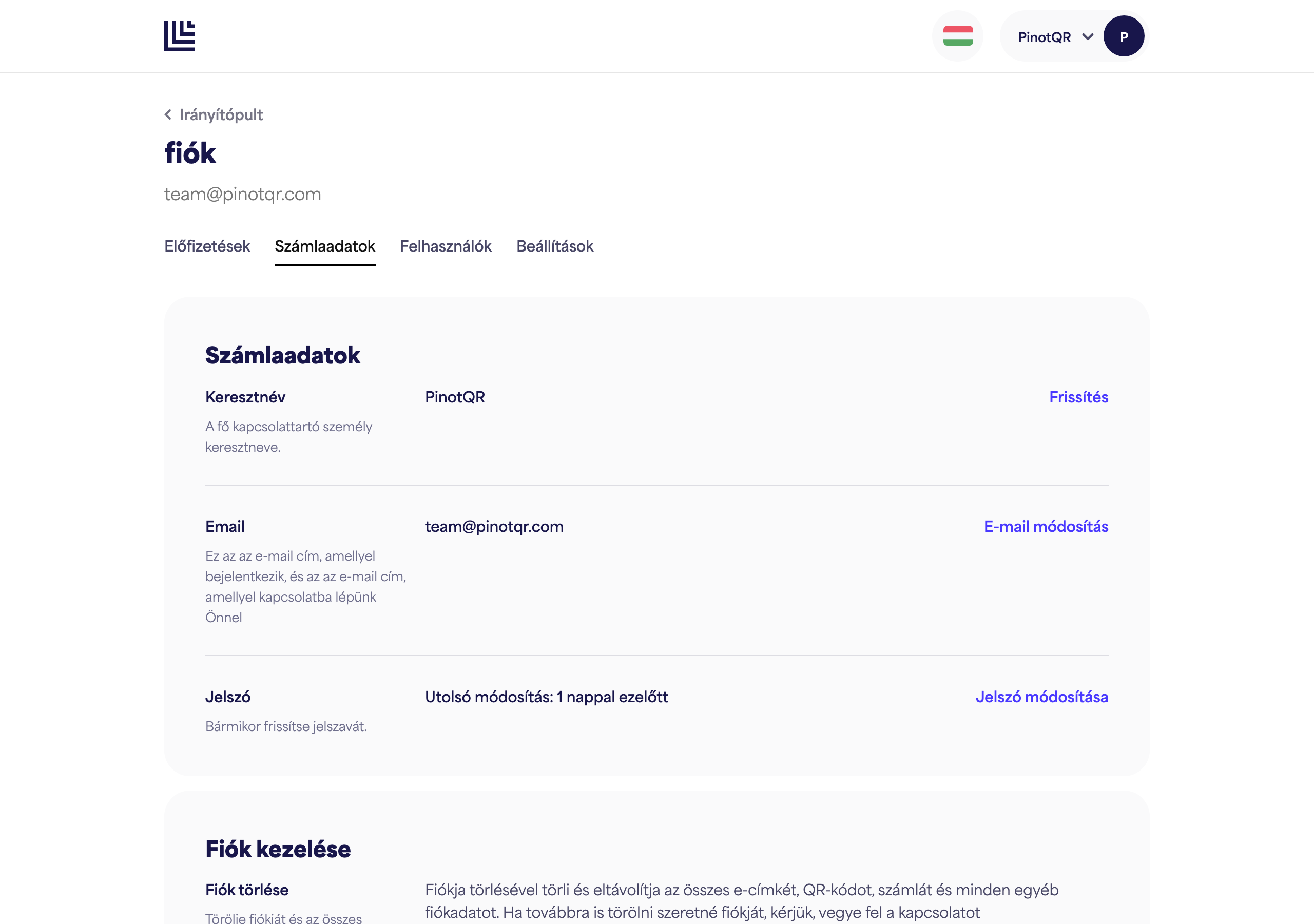 A Fiók adatai oldal a Keresztnév mezővel