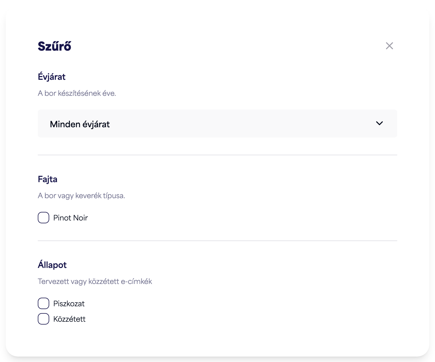 A Szűrés panel évjárat, fajta és állapot opciókkal