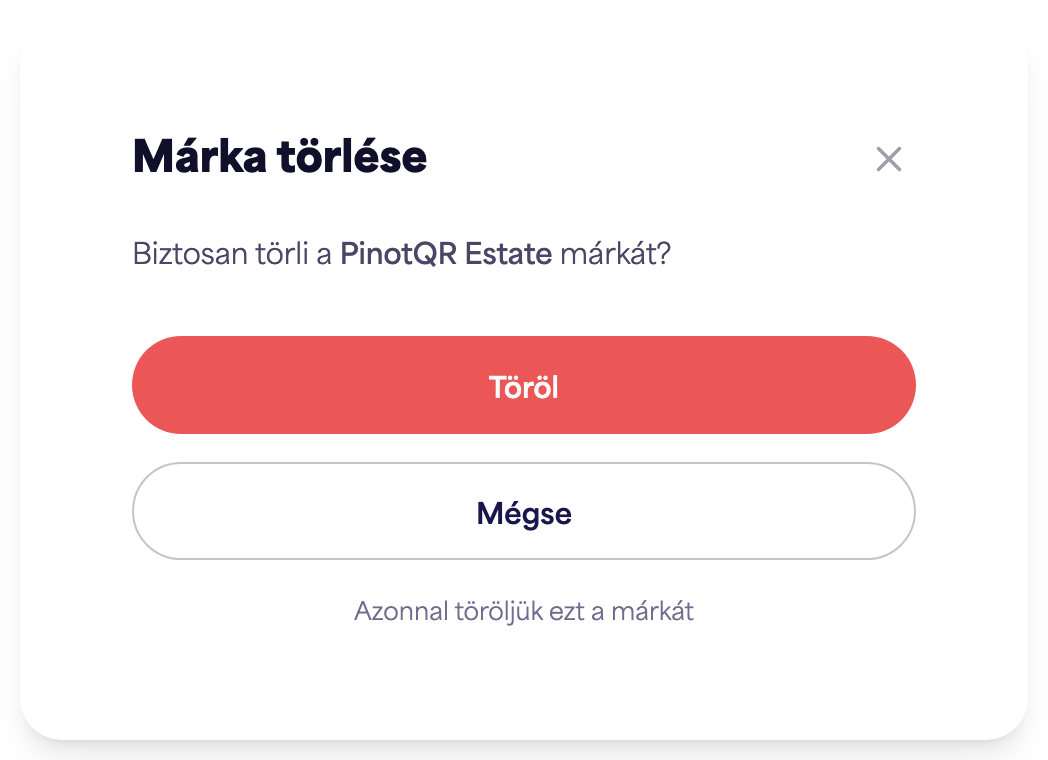 A "Márka törlése" megerősítő párbeszédpanel figyelmeztetés a meglévő e-címkékről