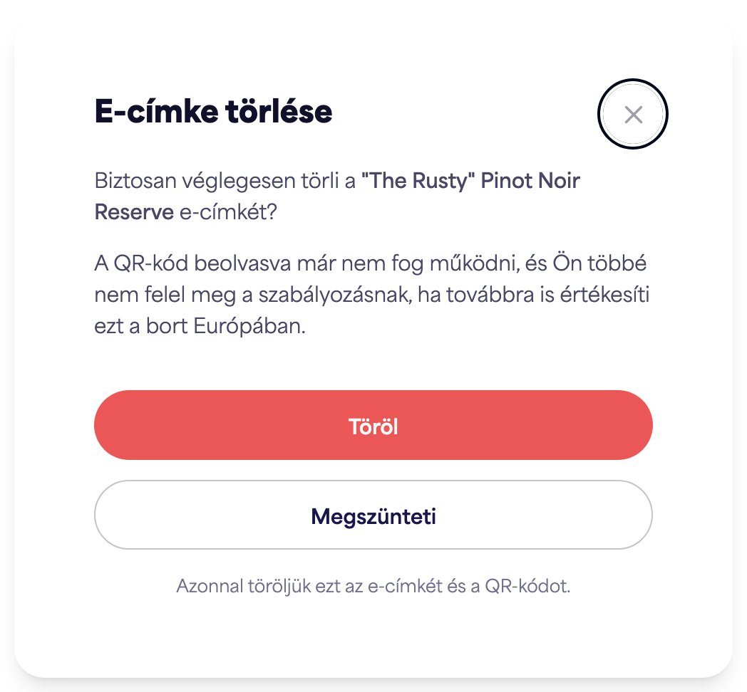 Az „E-címke törlése” megerősítő párbeszédablak