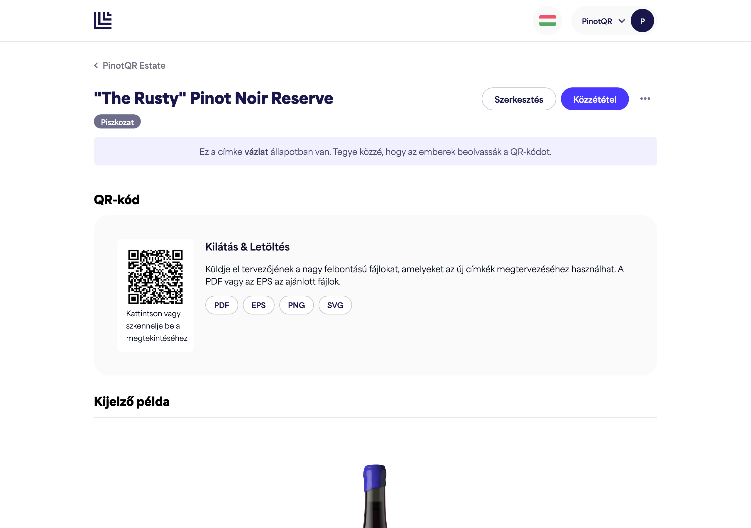 Egy piszkozat állapotú e-címke, amely a piszkozat értesítést és a "Publikálás" gombot mutatja
