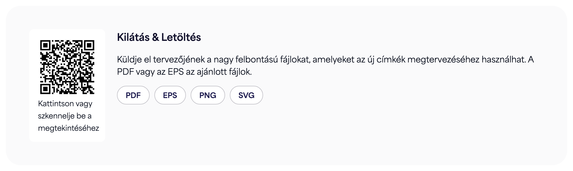 A QR-kód szakasz egy e-címke oldalon a PDF, EPS, PNG és SVG letöltés gombokkal
