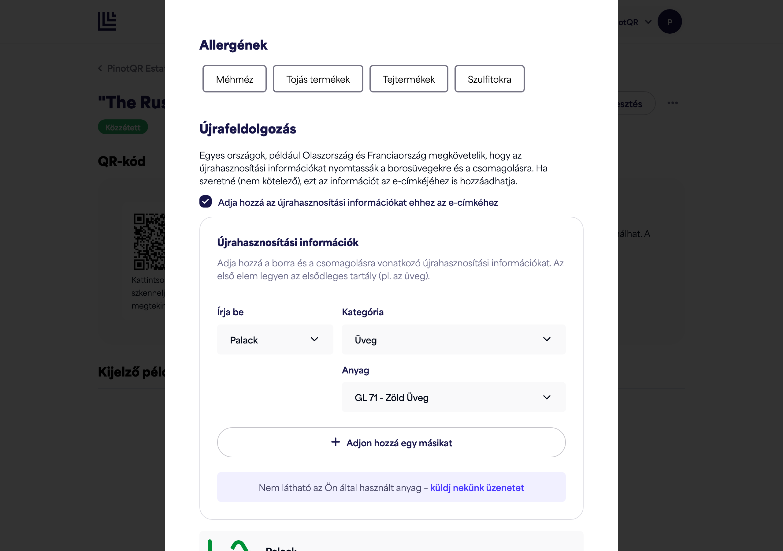 Az Allergének szakasz az allergén opciókkal