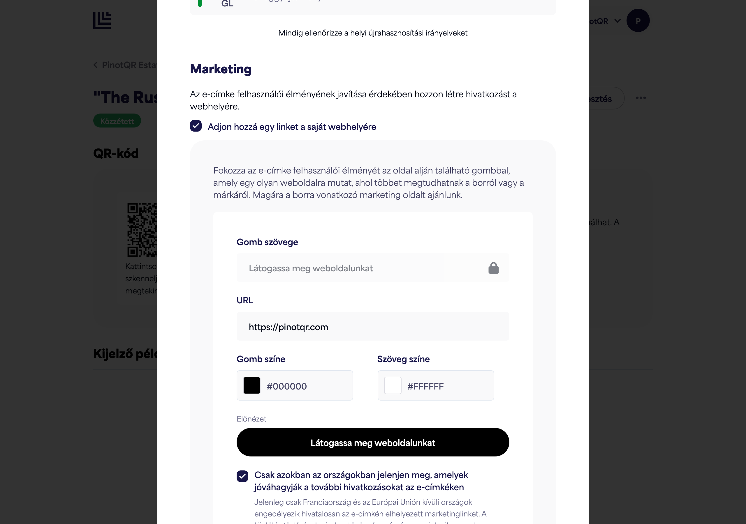 A Marketing szekció a kapcsolóval, gomb szöveggel, URL-lel és színválasztókkal, valamint az élő gomb előnézettel
