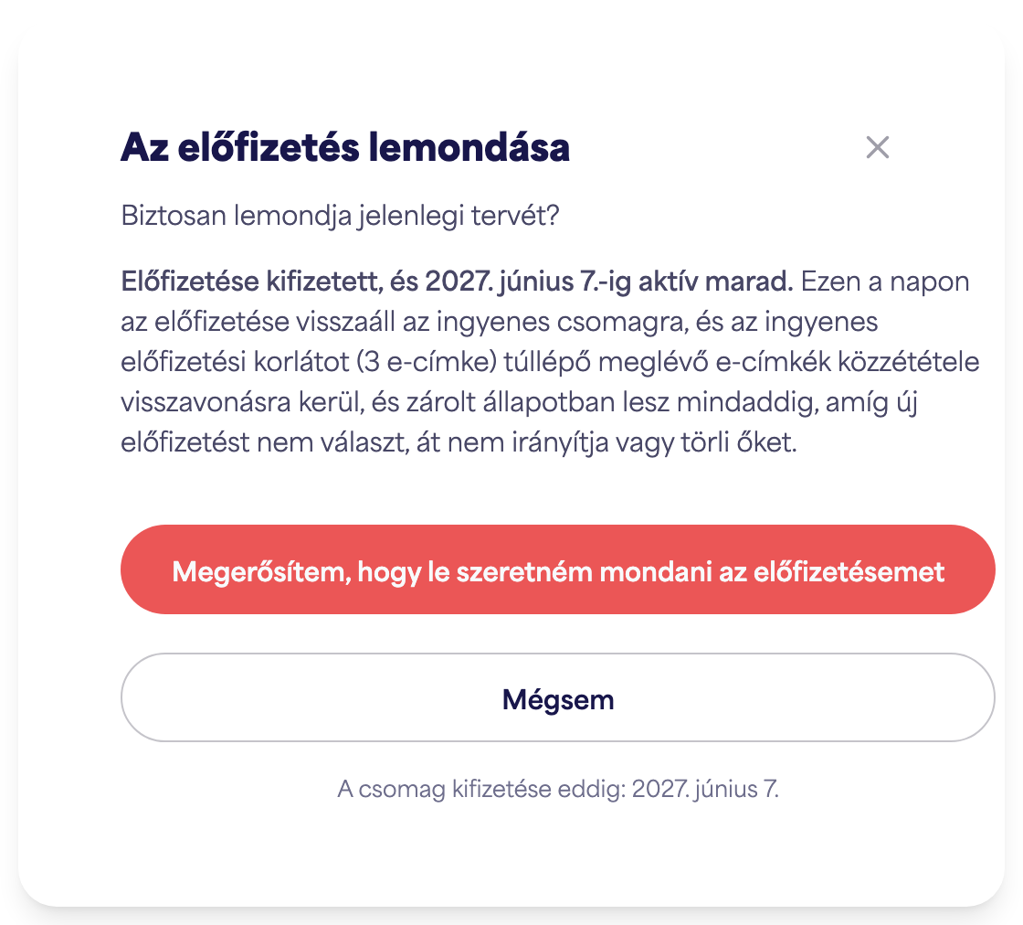 Az előfizetés lemondása opciót mutató előfizetési terület a fiókban