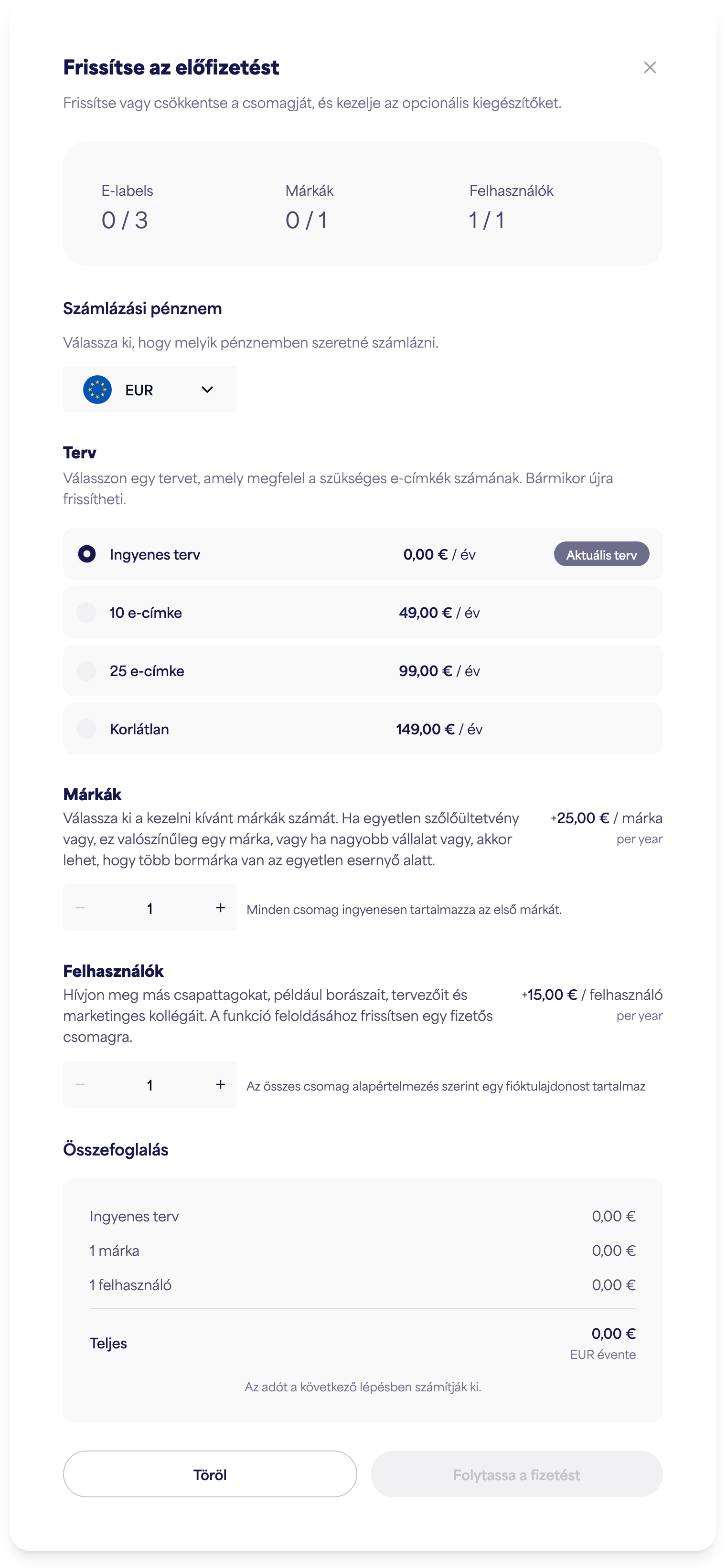 Az előfizetés kezelése párbeszédpanel a csomag, márkák és felhasználók opciókkal