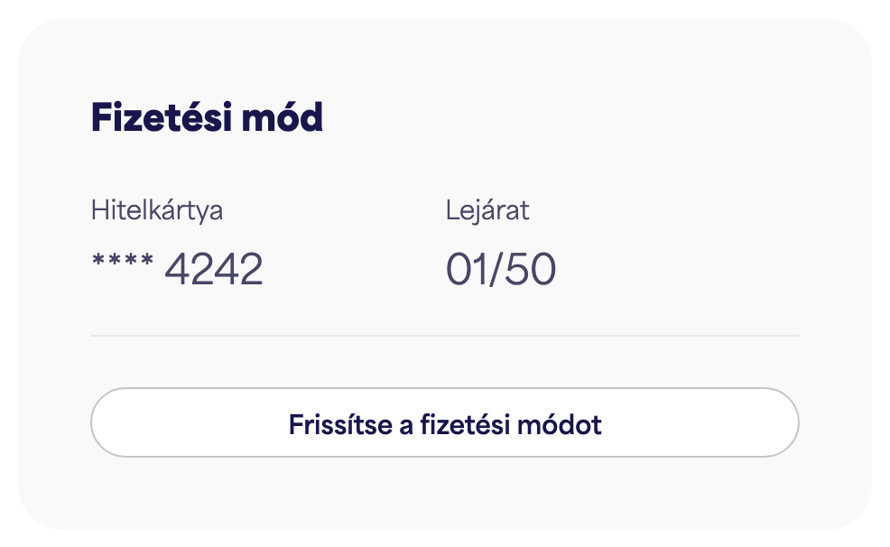 A Fizetési mód kártya, amely a mentett kártyát és az "Fizetési mód frissítése" gombot mutatja