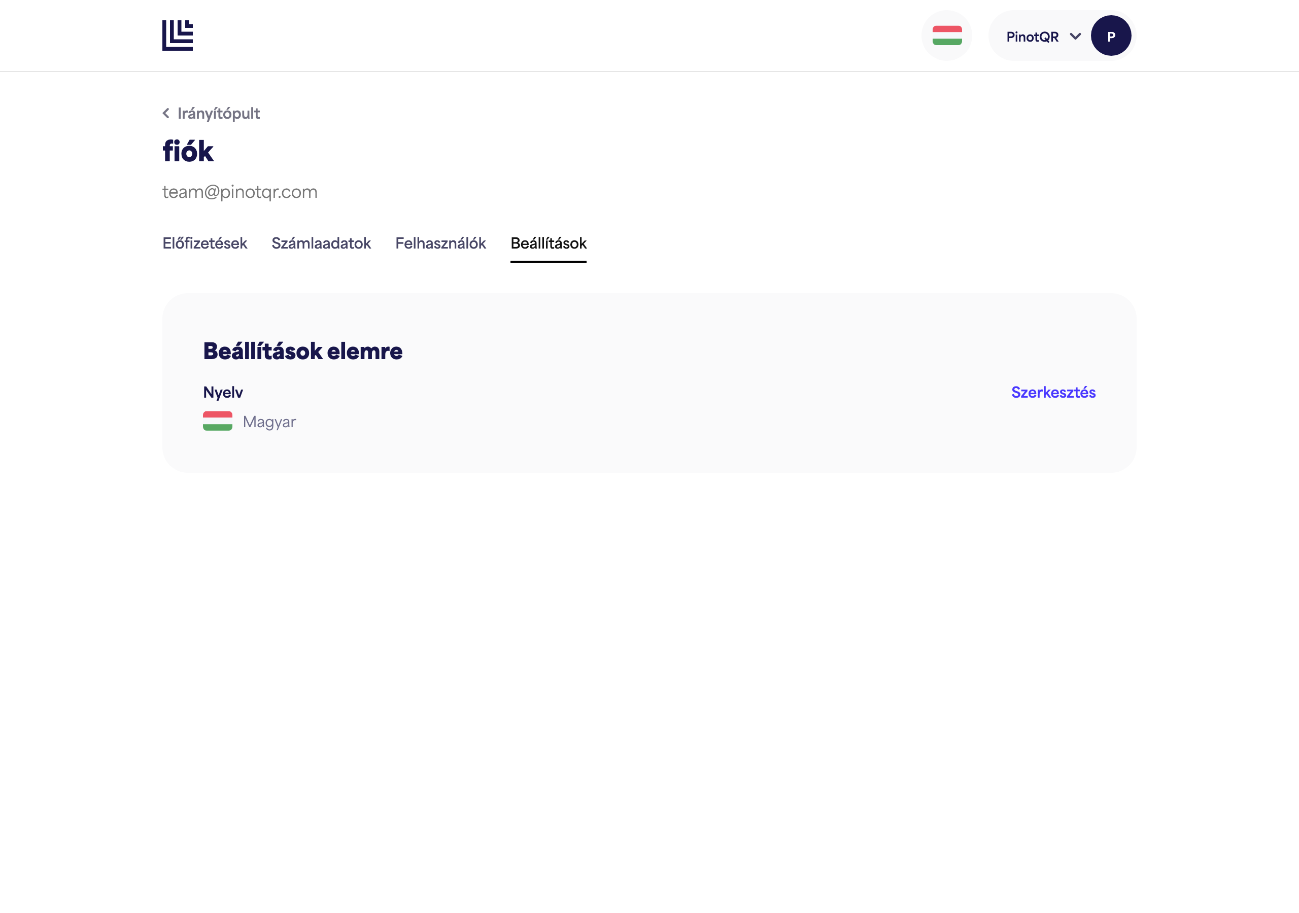 The Settings page with the Language option