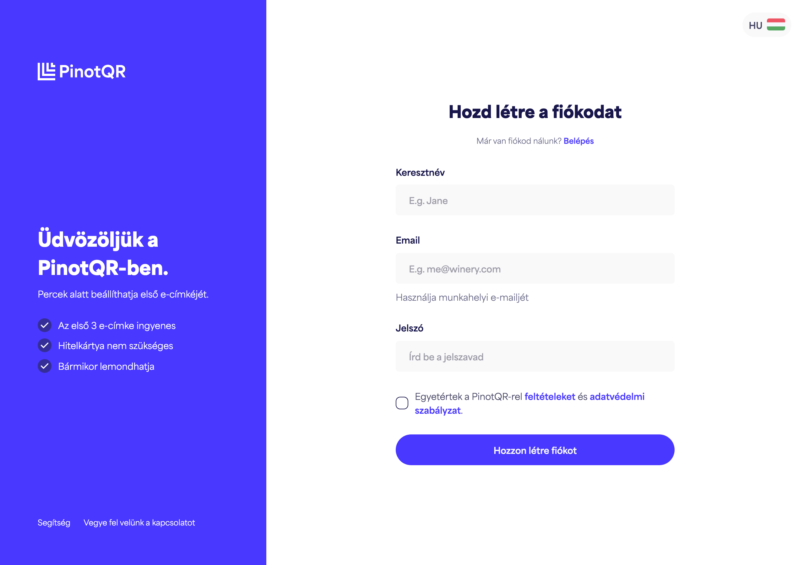 A regisztrációs űrlap Keresztnév, E-mail, Jelszó mezőkkel és a „Fiók létrehozása” gombbal