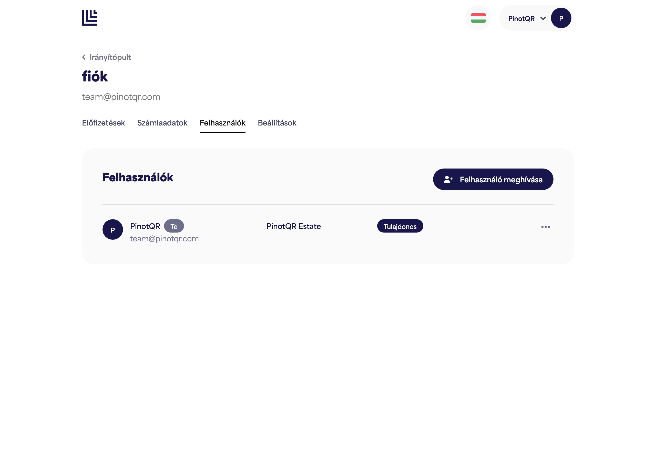 A Felhasználók és hozzáférés oldal, amely felsorolja a kollaborátorokat márkánkénti hozzáférésükkel