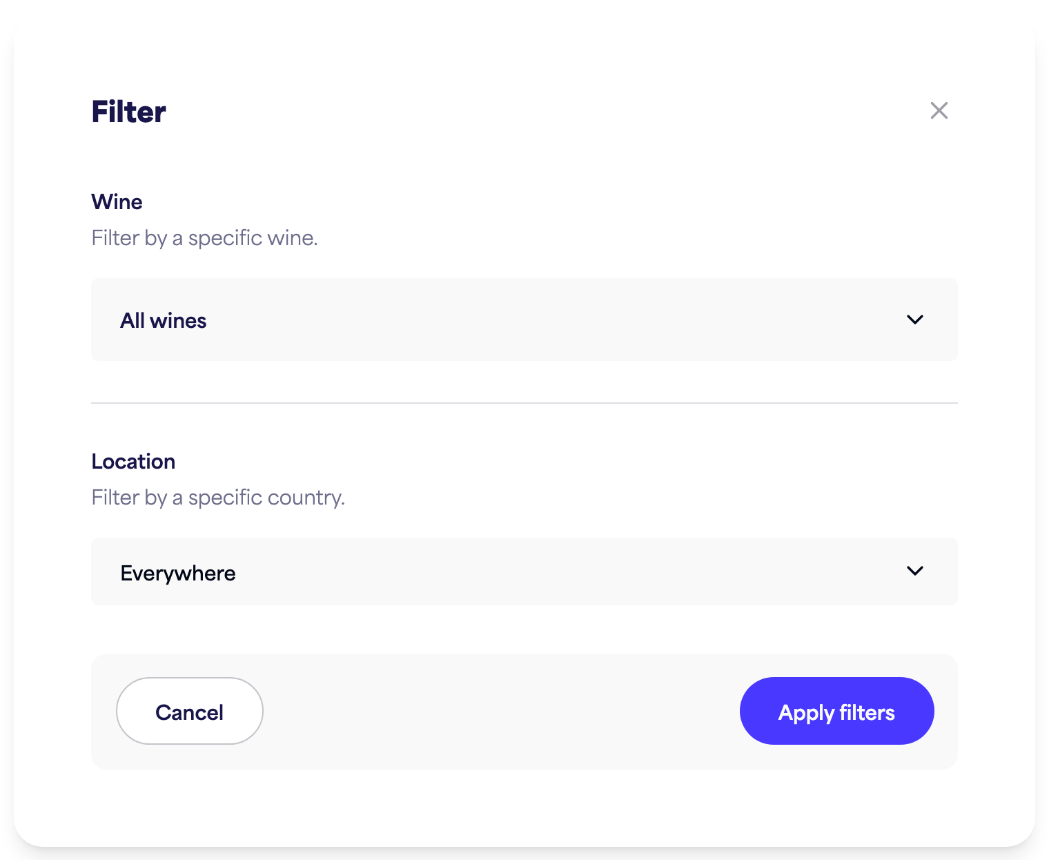 The Insights filter panel (time, wine, location)
