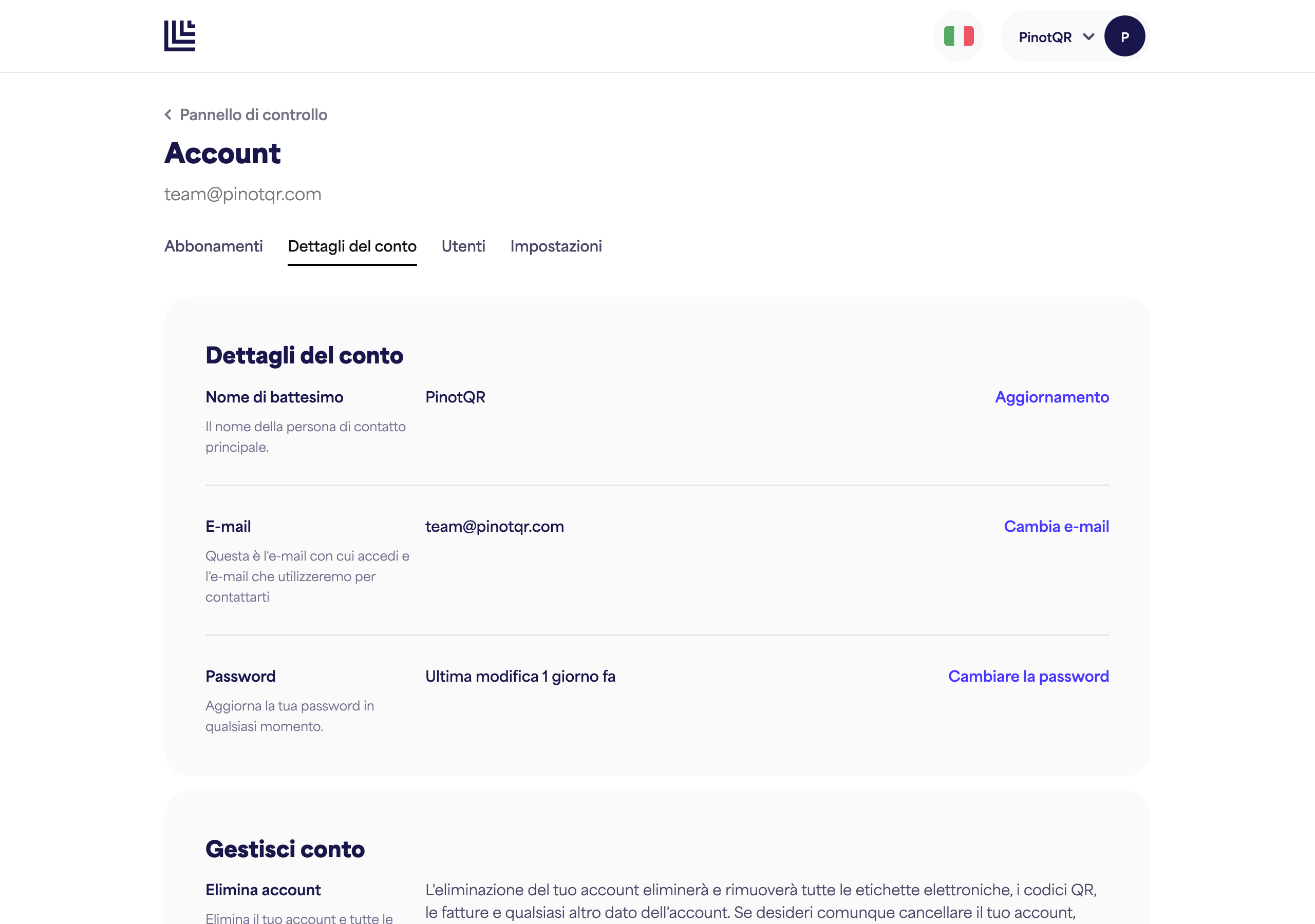 La pagina Dettagli dell'account con il campo Nome