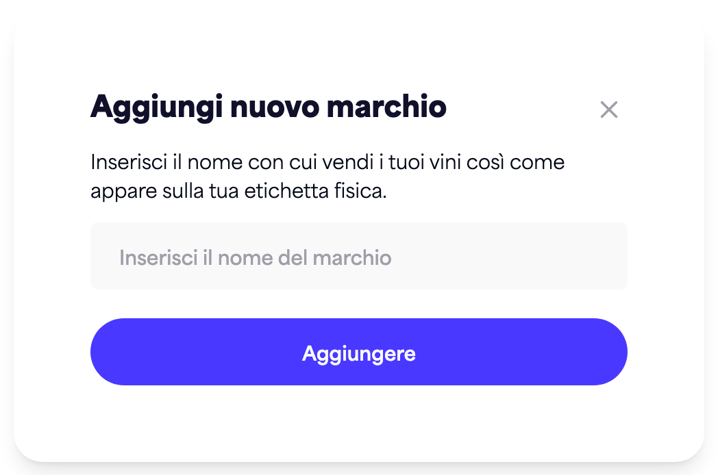 La finestra di dialogo "Aggiungi nuovo brand" con il campo per il nome del brand e il pulsante "Aggiungi"