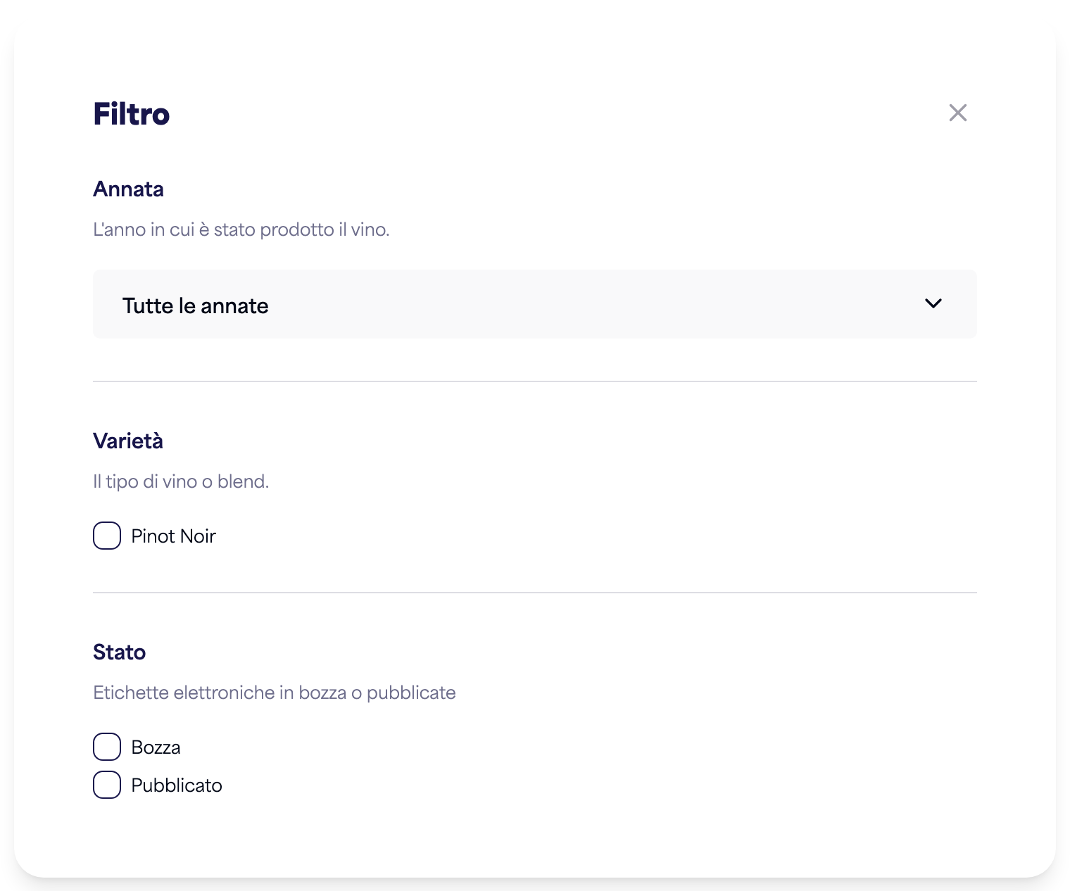 Il pannello Filtra con le opzioni di annata, varietà e stato