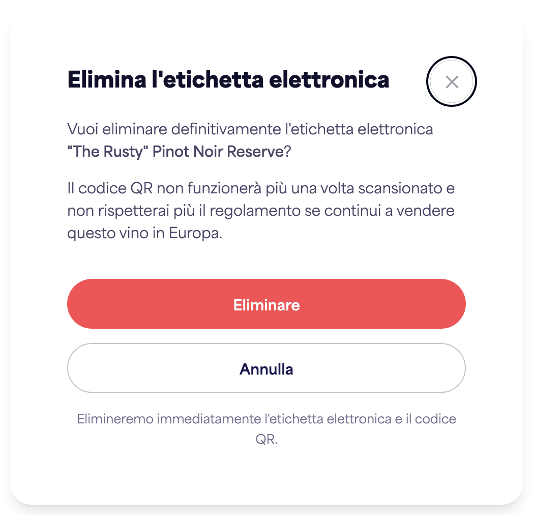 La finestra di dialogo di conferma "Elimina etichetta elettronica"
