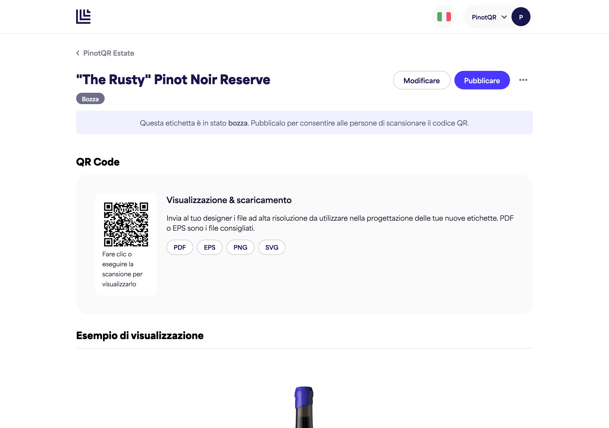 Un'e-etichetta in bozza che mostra l'avviso di bozza e il pulsante "Pubblica"