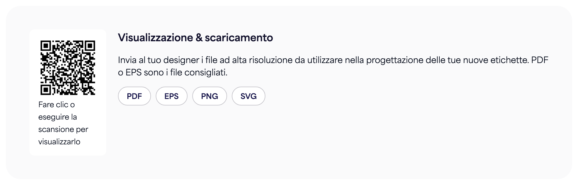 La sezione Codice QR in una pagina e-label con i pulsanti di download PDF, EPS, PNG e SVG