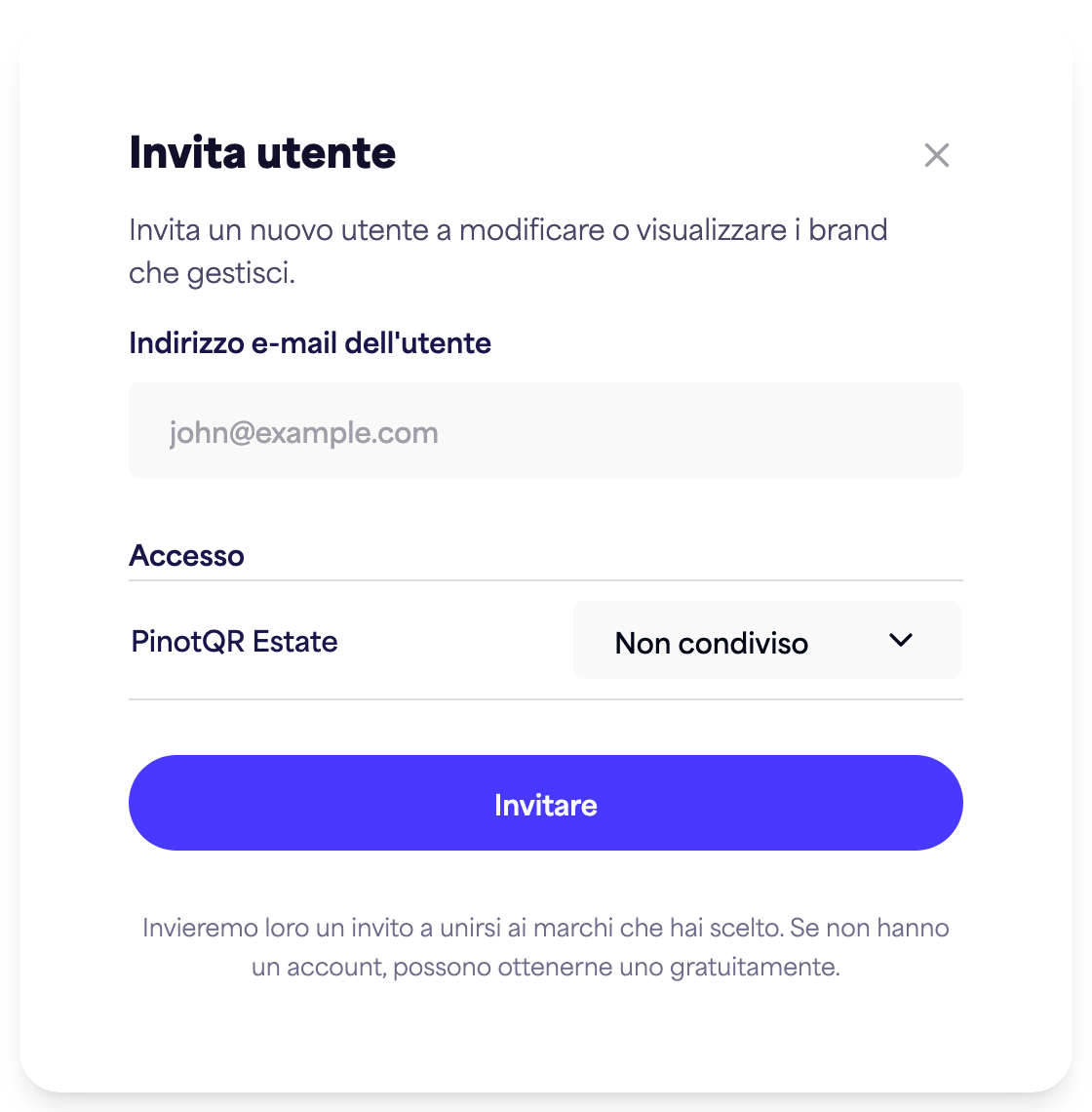 La finestra di dialogo "Invita utente" con il campo email e le opzioni di accesso per brand