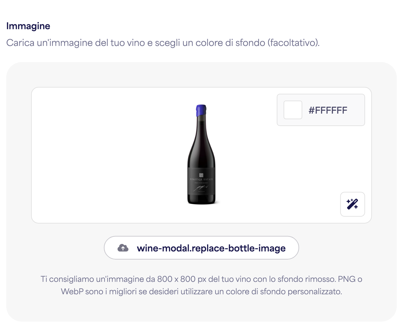 Il caricatore di immagini della bottiglia con un'immagine di vino di esempio
