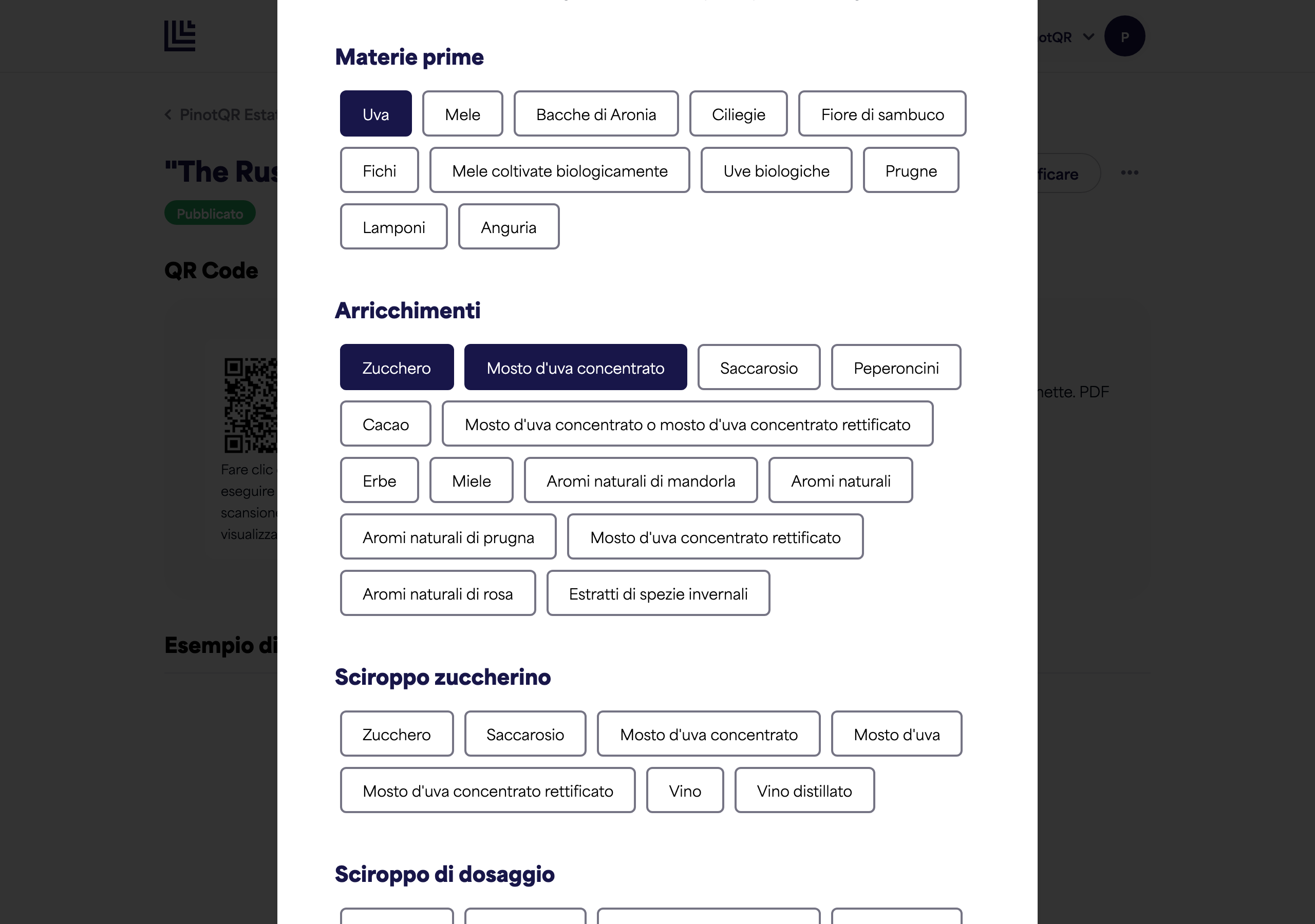 La sezione Ingredienti con diverse categorie e ingredienti selezionati
