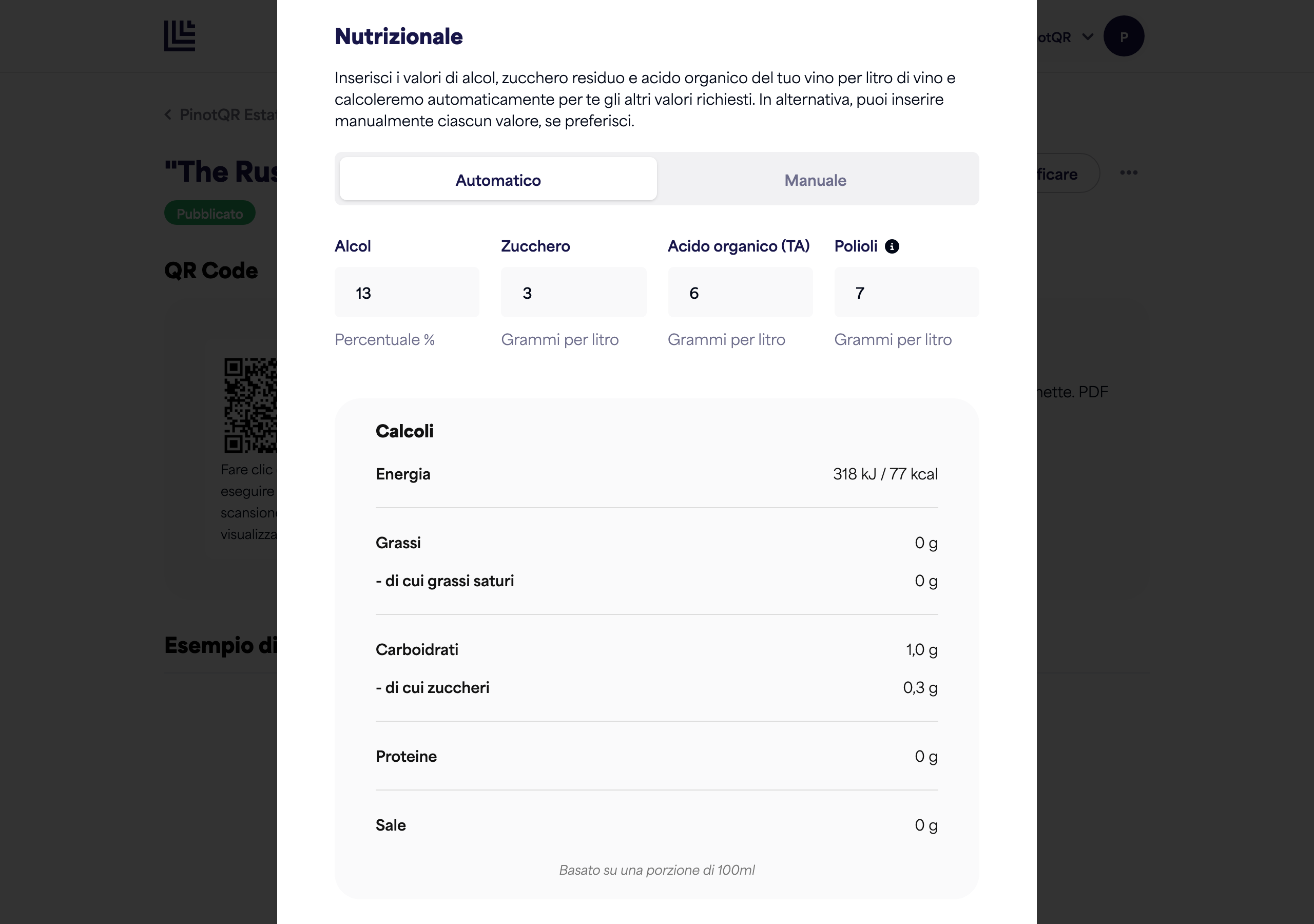 The Nutritional section in automatic mode, showing the alcohol, sugar, organic acid, and polyols fields