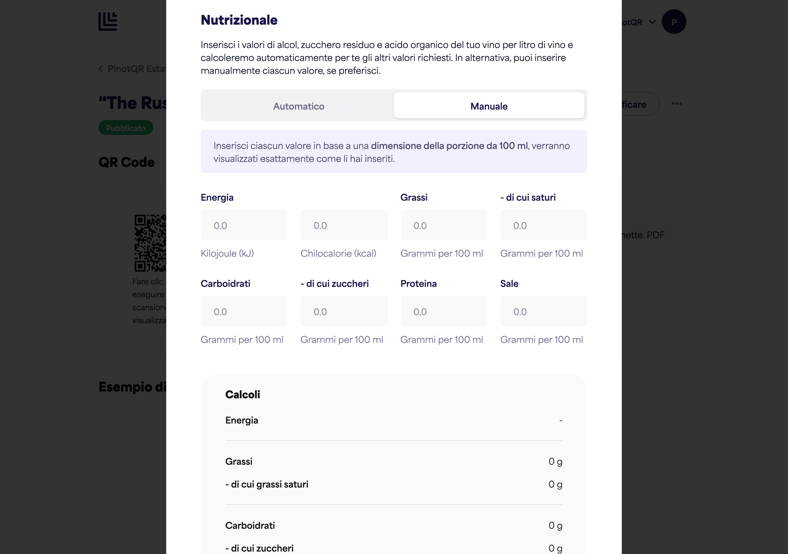The Nutritional section switched to Manual, showing the full set of fields