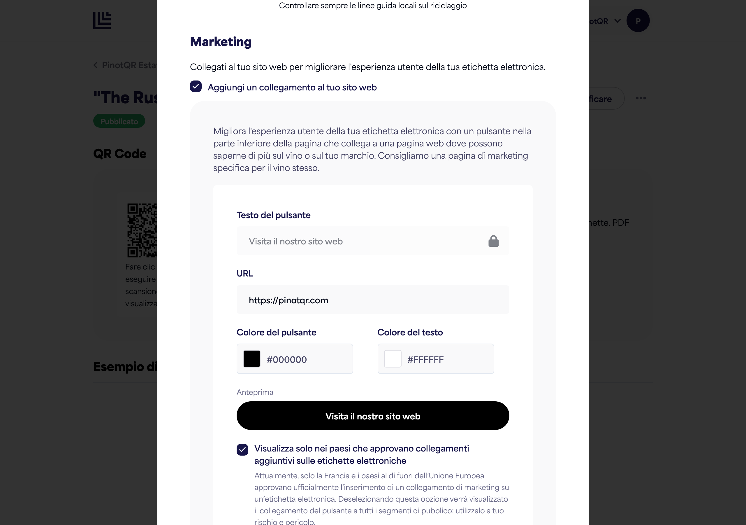 La sezione Marketing con l'interruttore, il testo del pulsante, l'URL e i selettori di colore più l'anteprima in tempo reale del pulsante