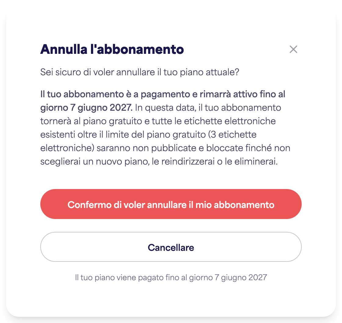 L'area Abbonamento dell'account che mostra l'opzione Annulla abbonamento