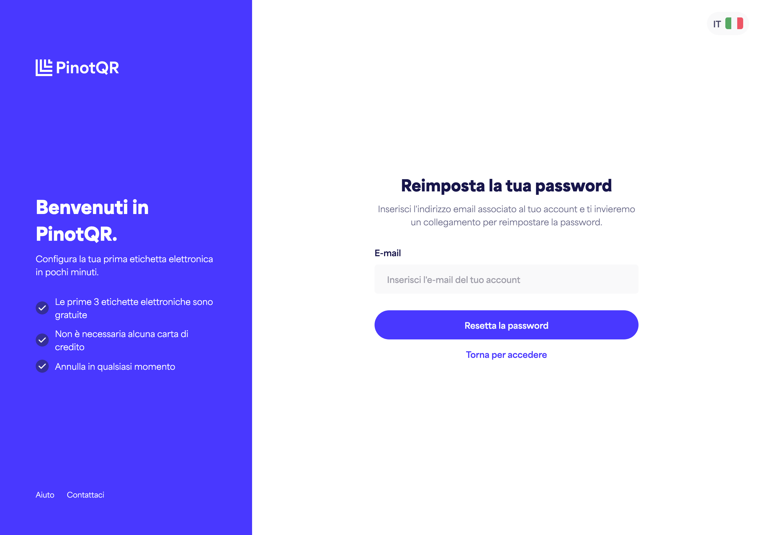 La schermata "Reimposta la tua password" dove inserisci la tua email