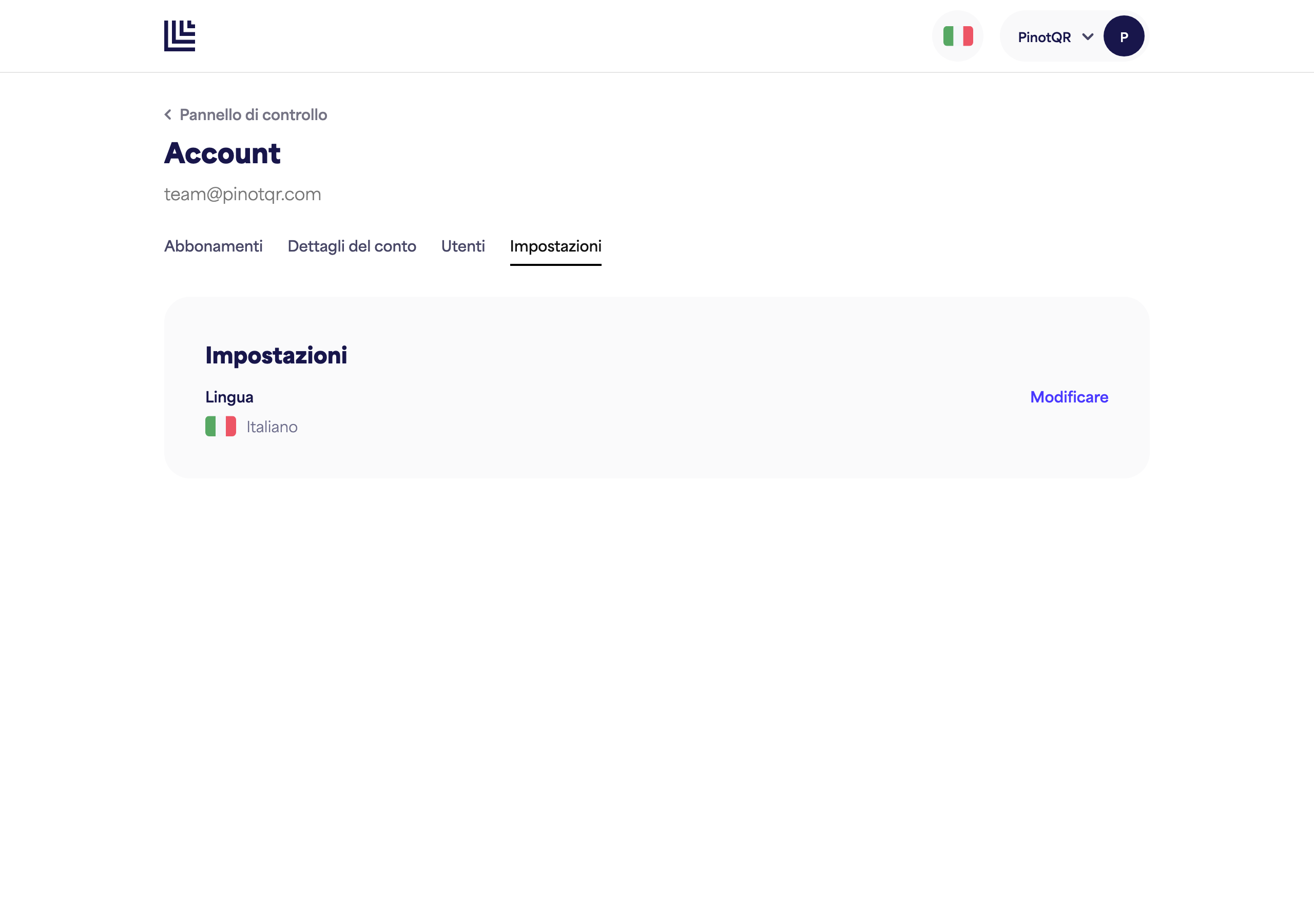 La pagina Impostazioni con l'opzione Lingua