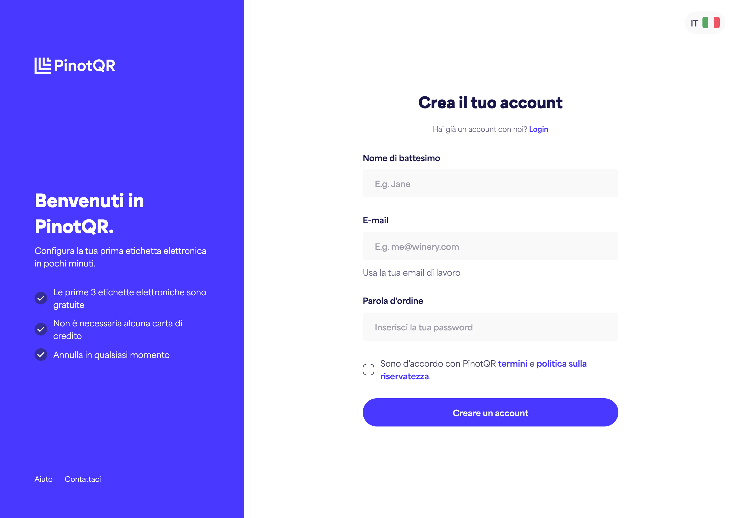 Il modulo di registrazione con i campi Nome, Email, Password e il pulsante "Crea account"