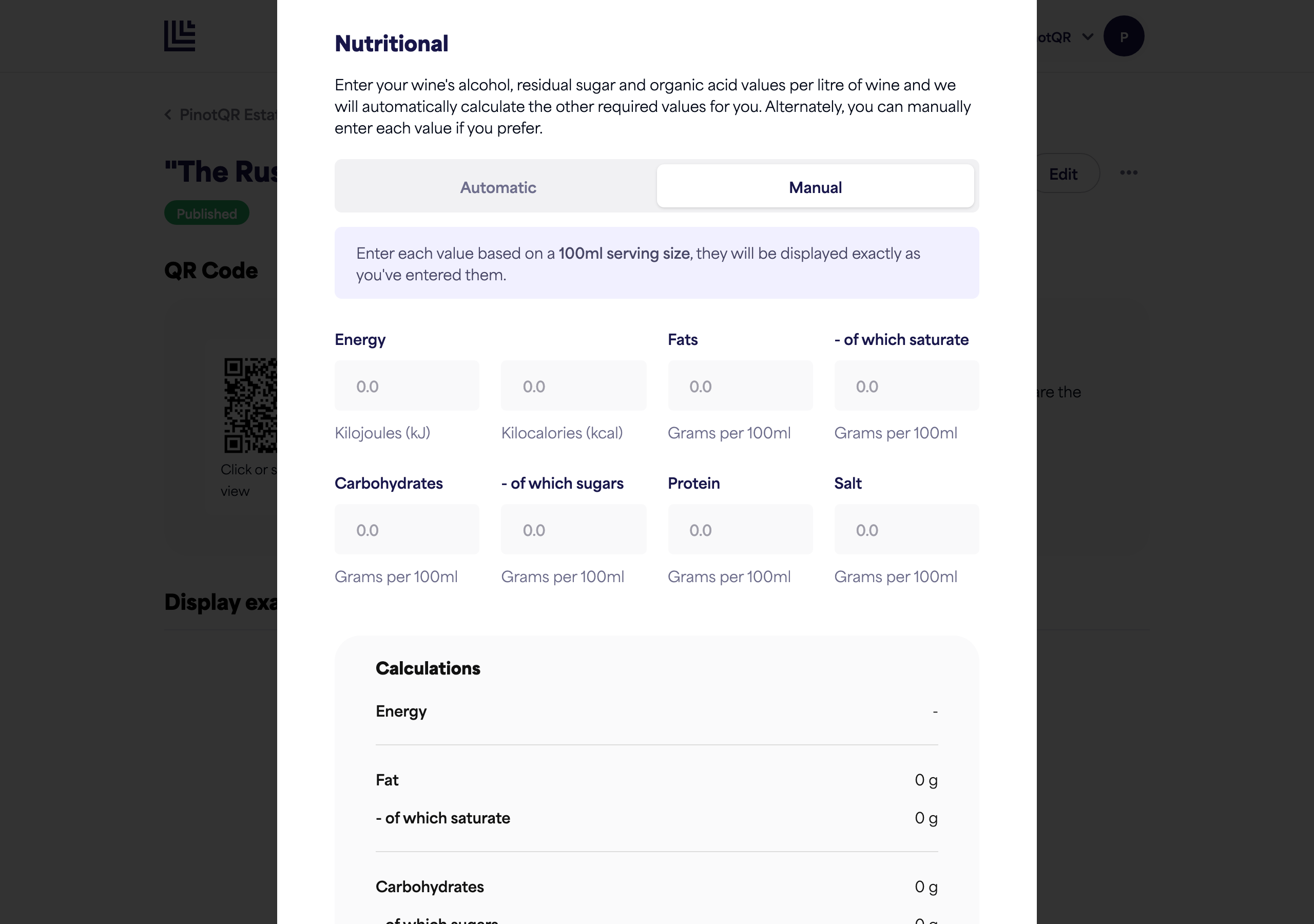 The Nutritional section switched to Manual, showing the full set of fields