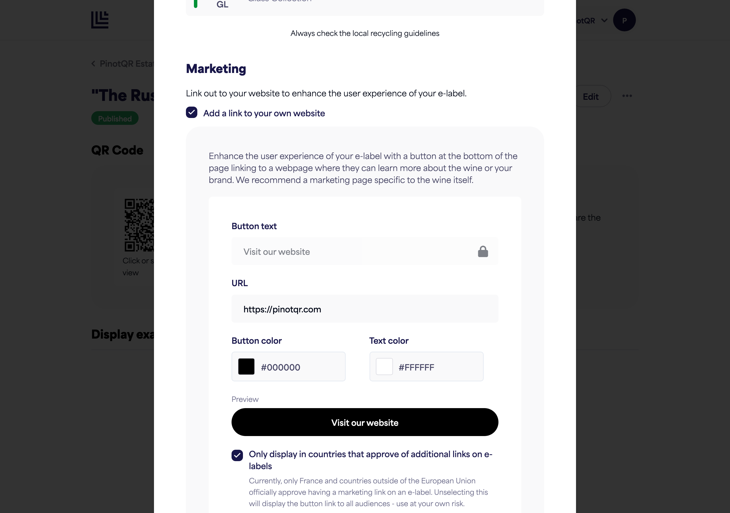 The Marketing section with the toggle, button text, URL, and colour pickers plus the live button preview