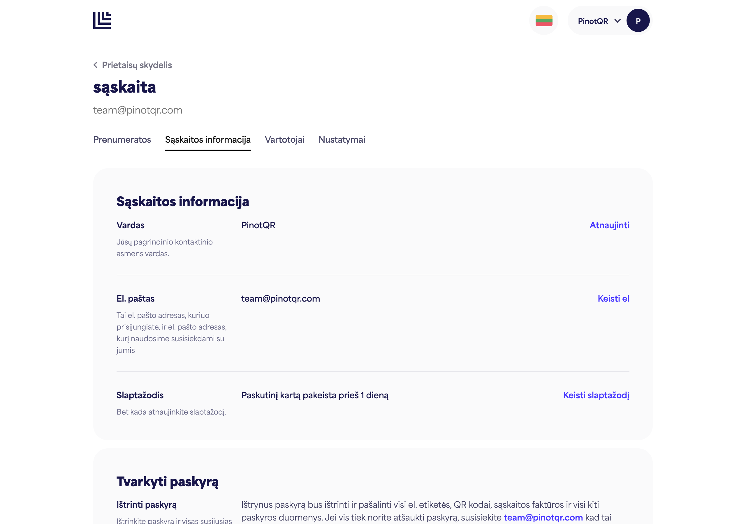 Paskyros informacijos puslapis su vardo laukeliu