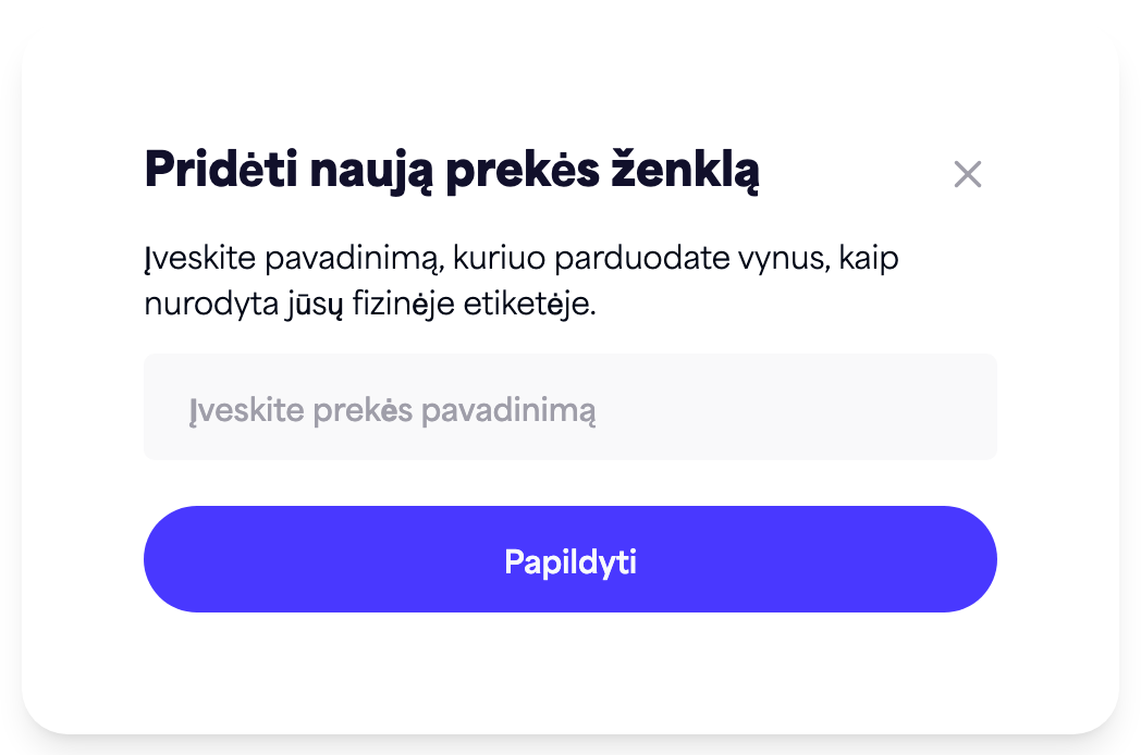 „Pridėti naują prekės ženklą“ dialogo langas su prekės ženklo pavadinimo lauku ir mygtuku „Pridėti“