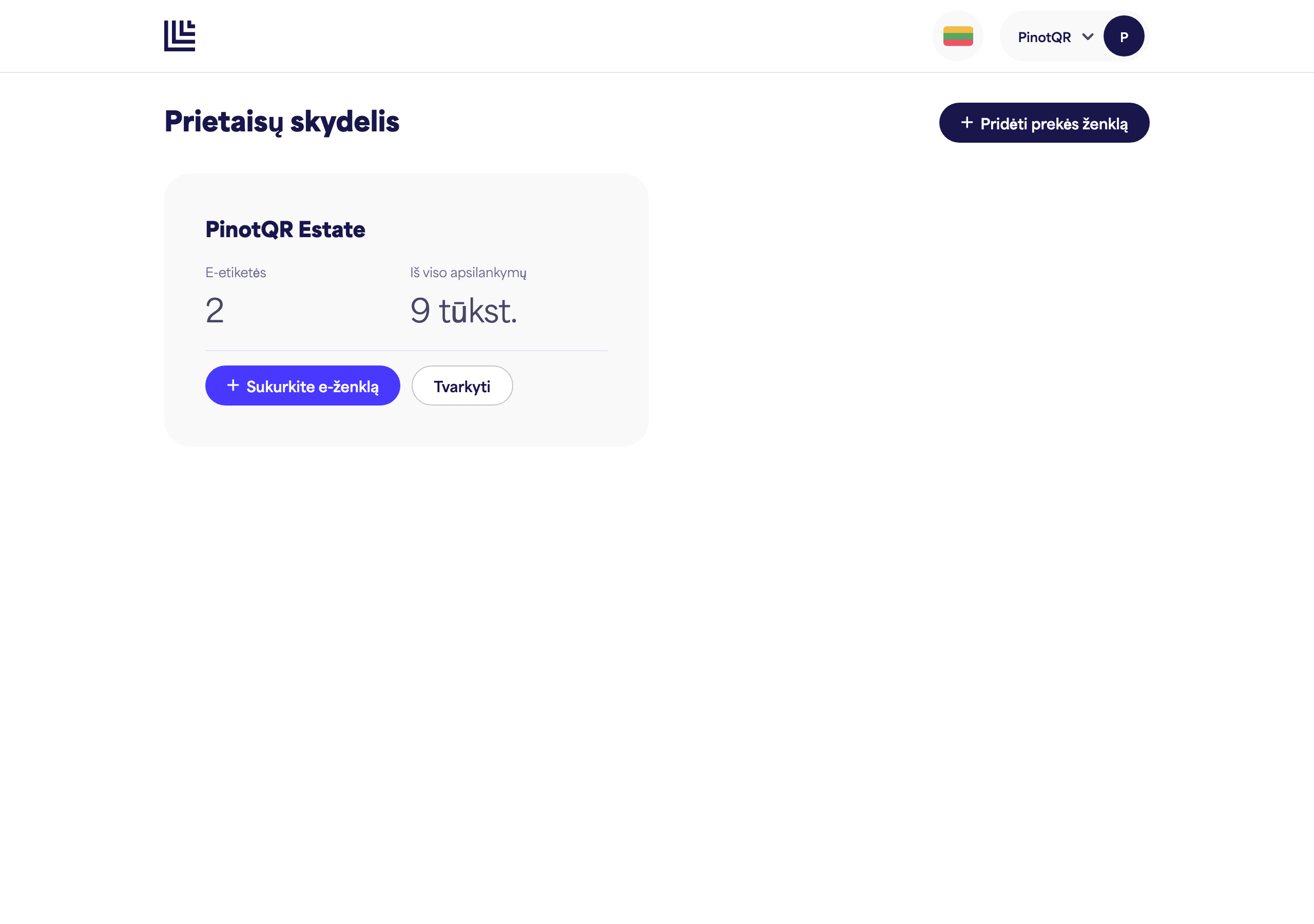 Prietaisų skydelis, rodantis naujai sukurtą prekės ženklo kortelę
