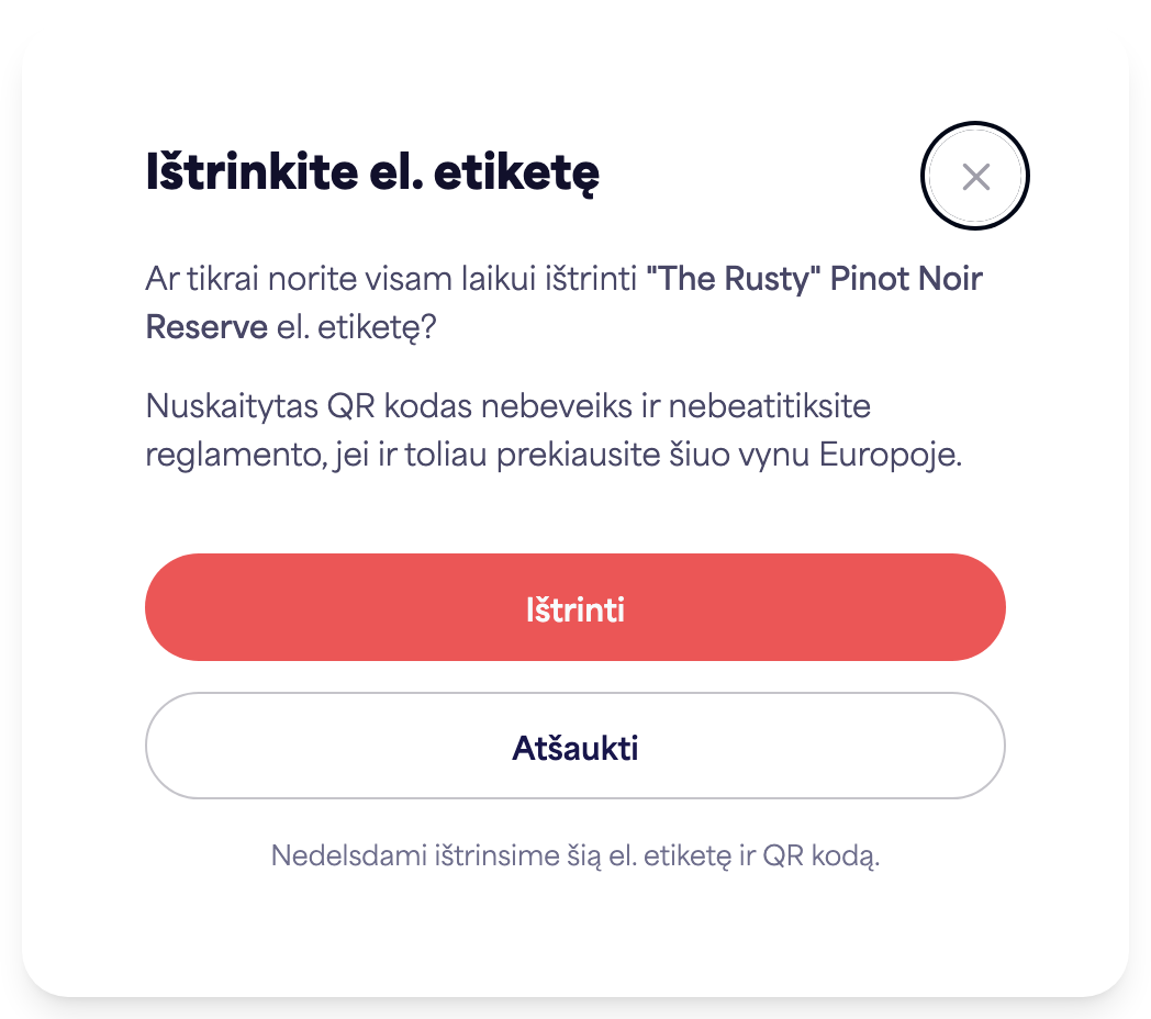 „Ištrinti e-etiketę“ patvirtinimo dialogo langas
