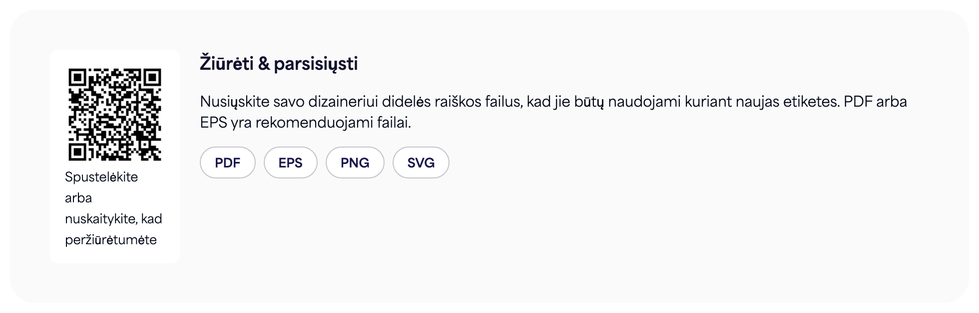 QR kodo skiltis el. etiketės puslapyje su PDF, EPS, PNG ir SVG atsisiuntimo mygtukais