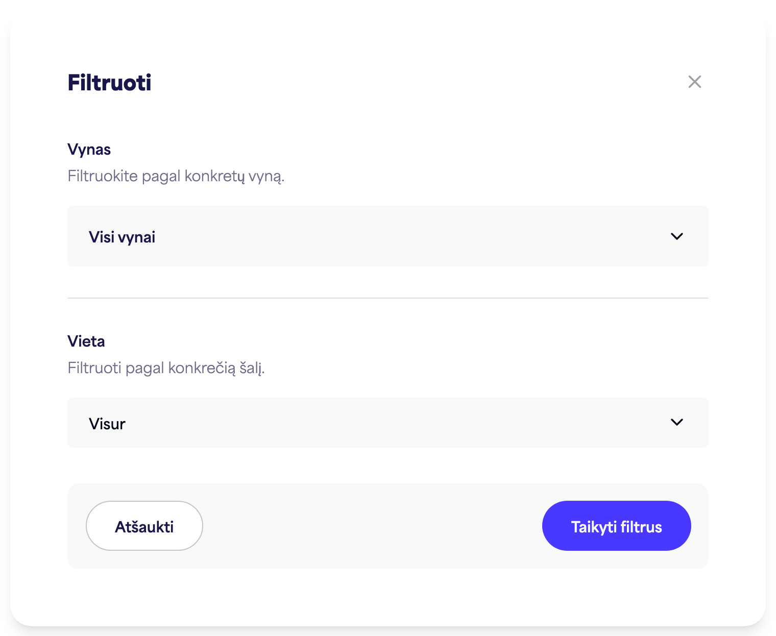 Įžvalgų filtro skydelis (laikas, vynas, vieta)