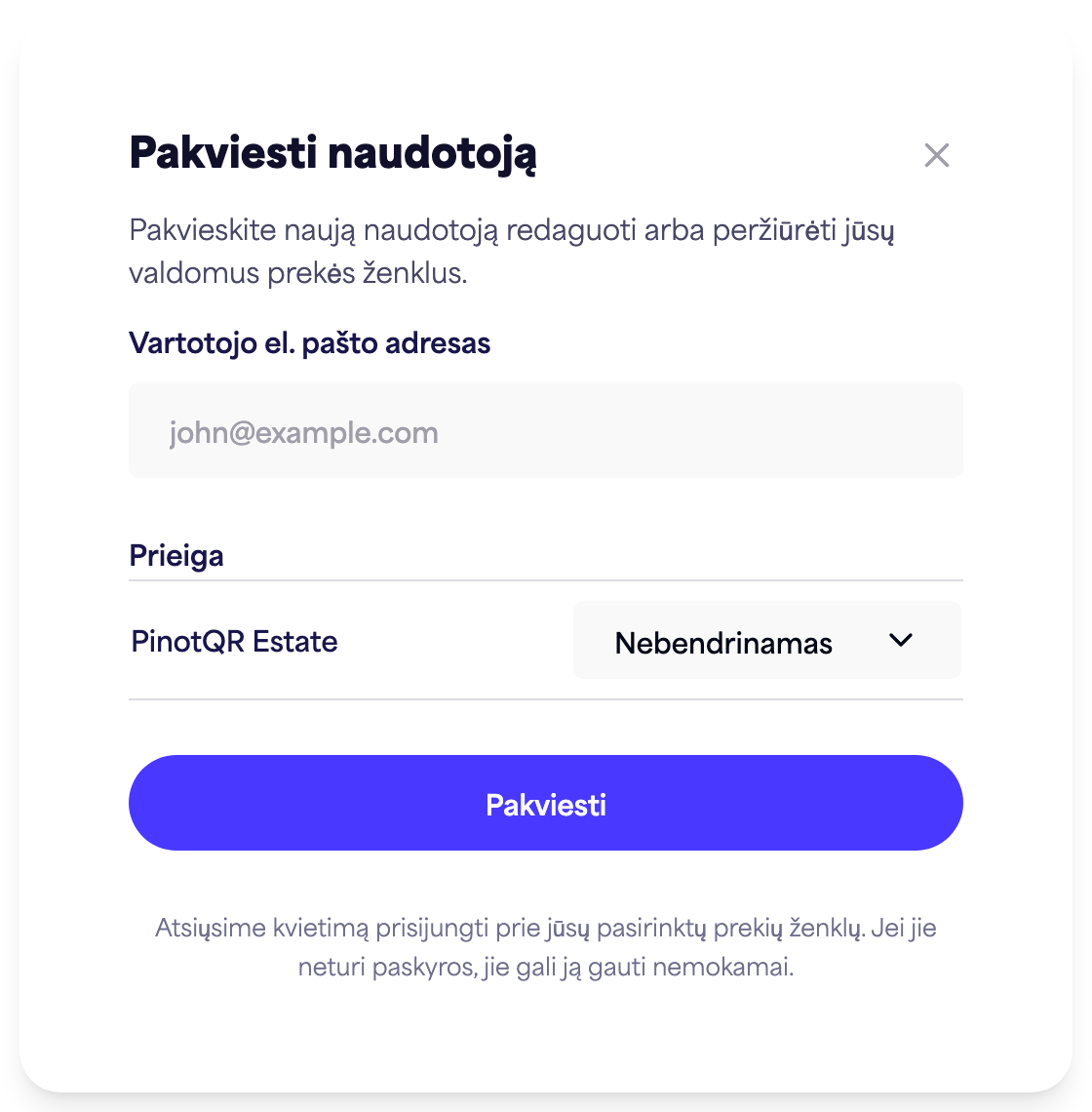 Dialogo langas „Pakviesti vartotoją“ su el. pašto lauku ir prekės ženklo prieigos parinktimis