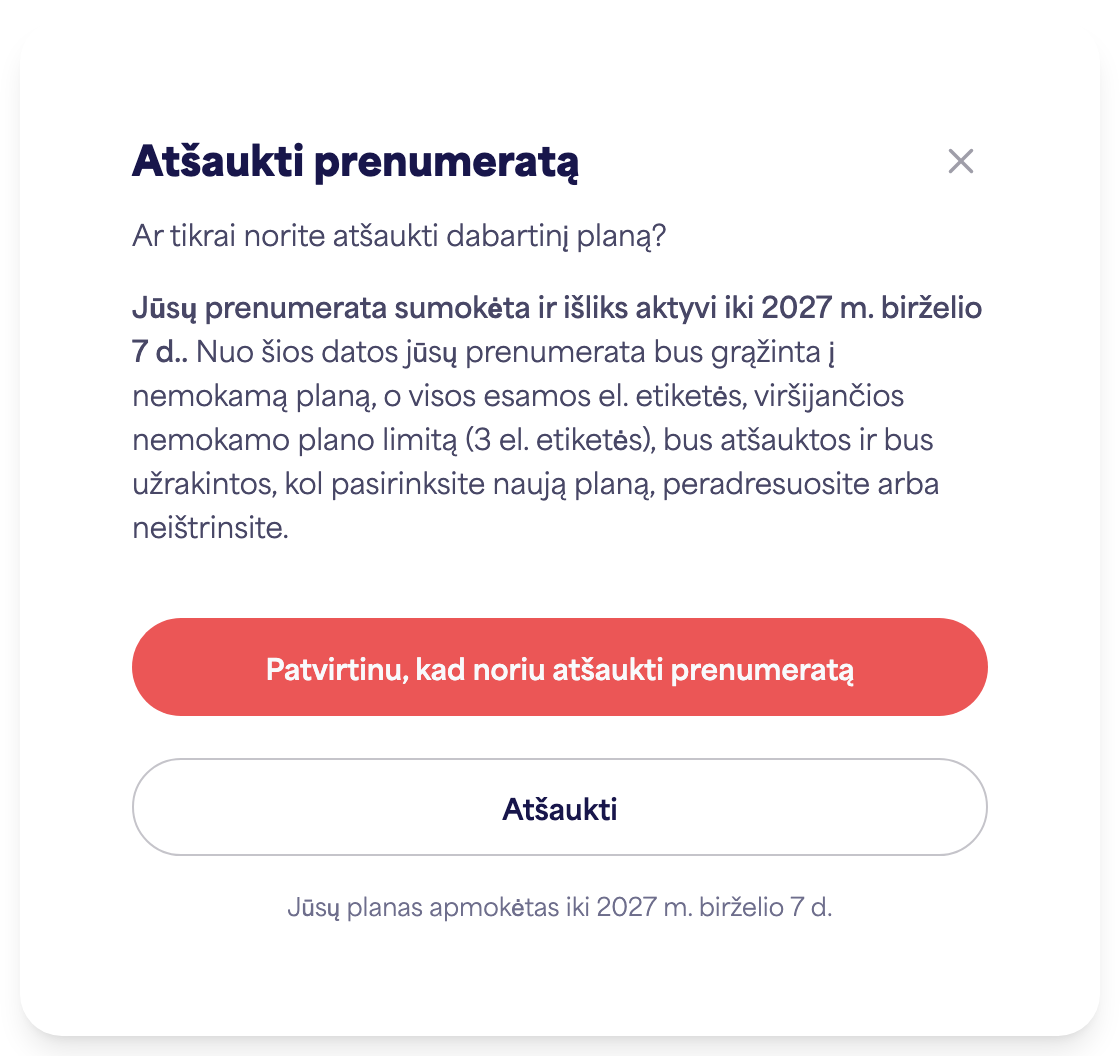 Paskyros prenumeratos sritis, rodanti prenumeratos atšaukimo parinktį