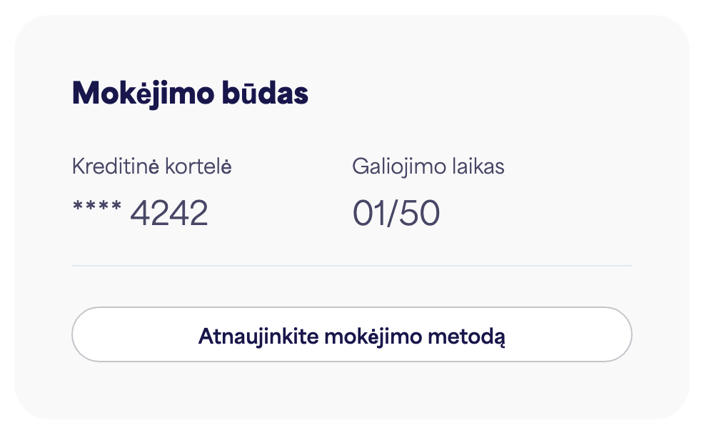 Mokėjimo būdo kortelė, rodanti išsaugotą kortelę ir „Atnaujinti mokėjimo būdą“