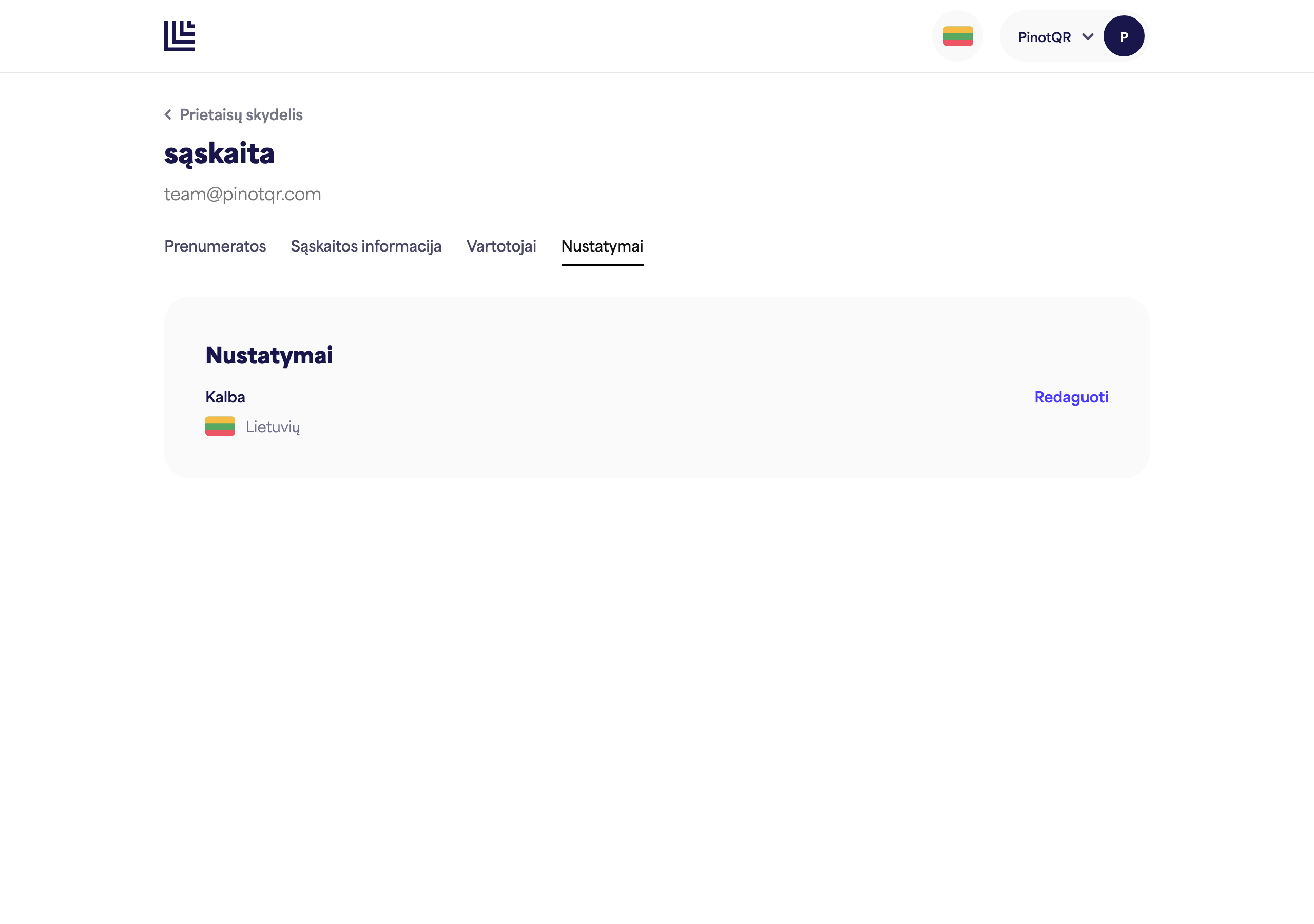 Nustatymų puslapis su Kalbos parinktimi