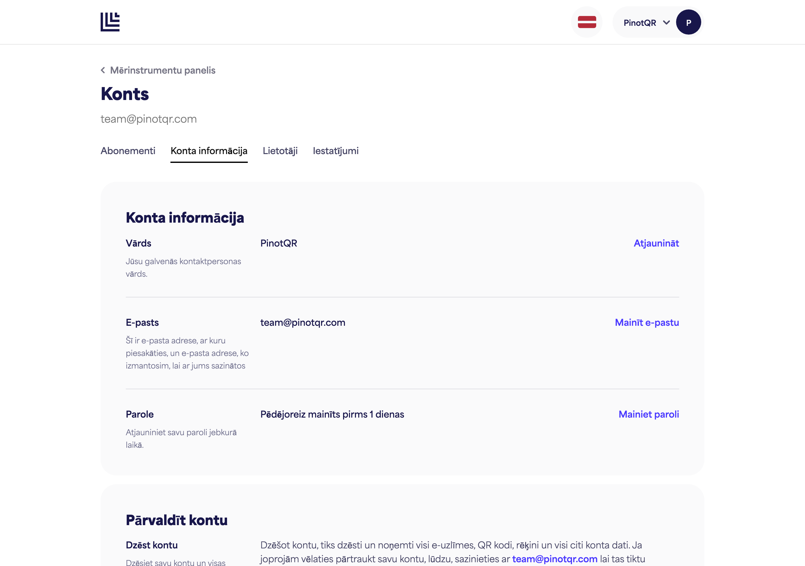 Konta detaļu lapa ar vārda lauku