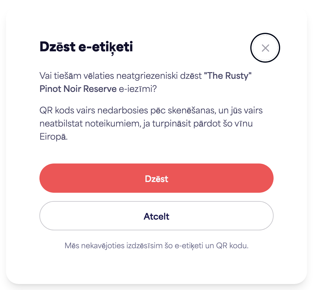 Apstiprinājuma dialoglodziņš "Dzēst e-etiķeti"