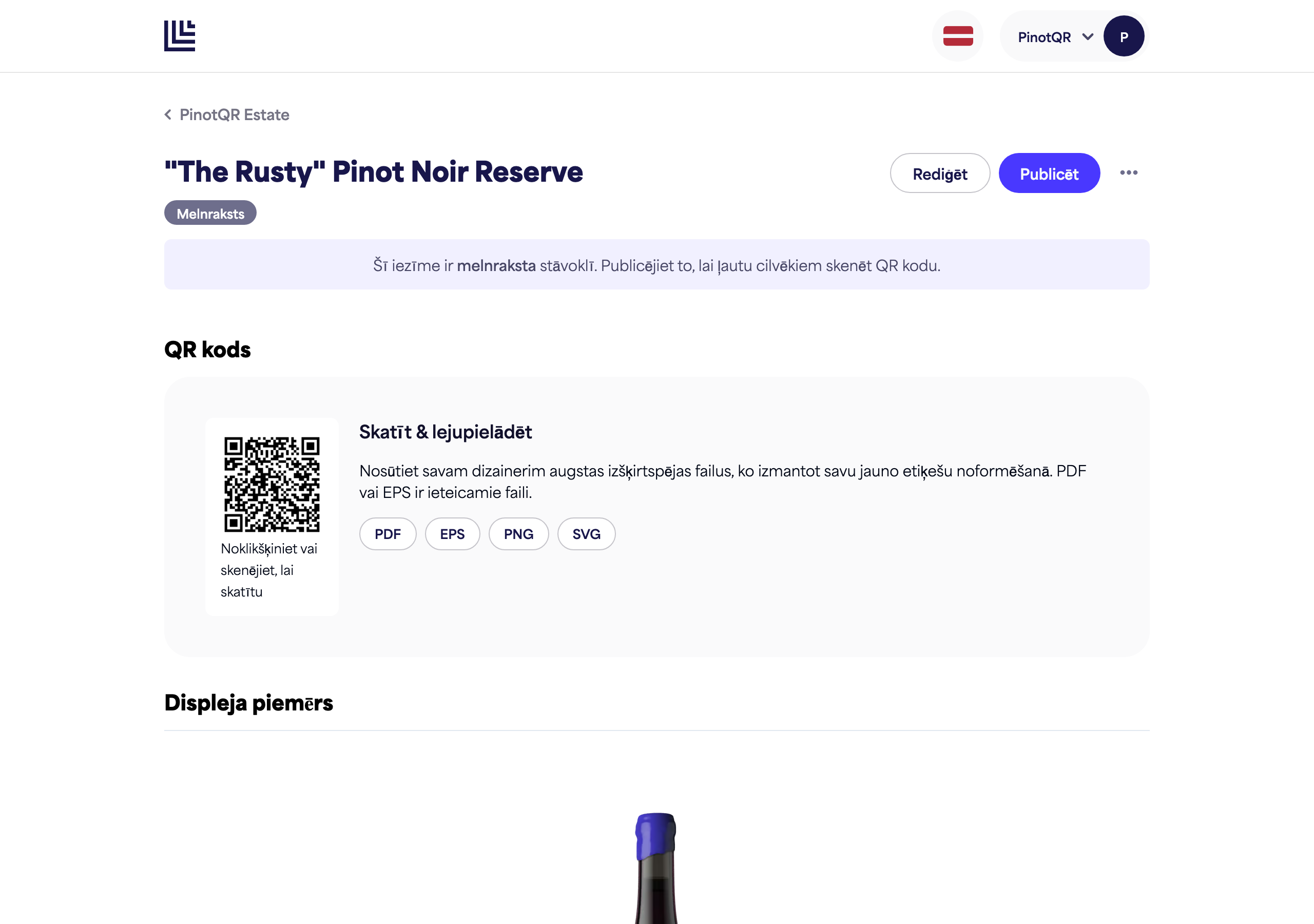 Melnraksta e-etiķete, kas parāda melnraksta paziņojumu un pogu "Publicēt"