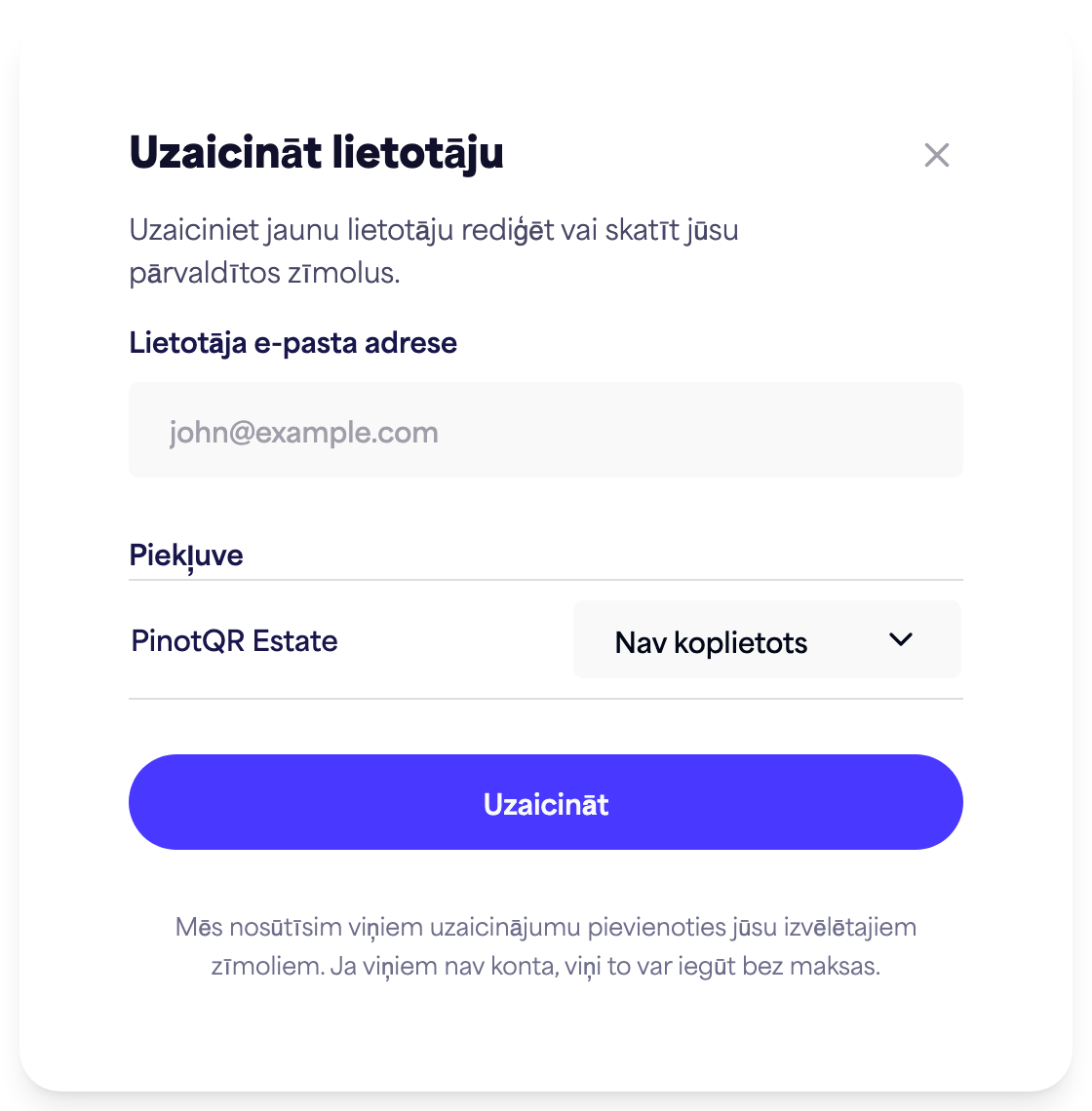 “Uzaicināt lietotāju” dialoglodziņš ar e-pasta lauku un piekļuves opcijām katram zīmolam